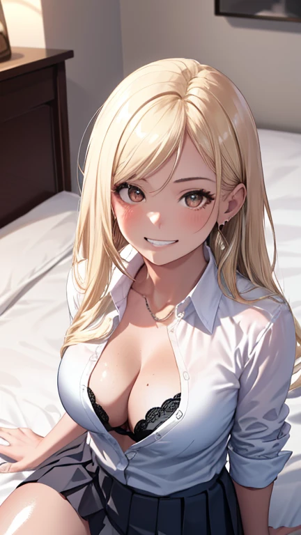 a very sexy dressed up girl with big breasts sitting on a couch, 1girl, solo, breasts, thighhighs, underwear, blonde hair, panties, sitting, looking at viewer, shirt, blush, indoors, black panties, bangs, white shirt, short sleeves, no bra, open clothes, thighs, skindentation, open shirt, window, partially unbuttoned