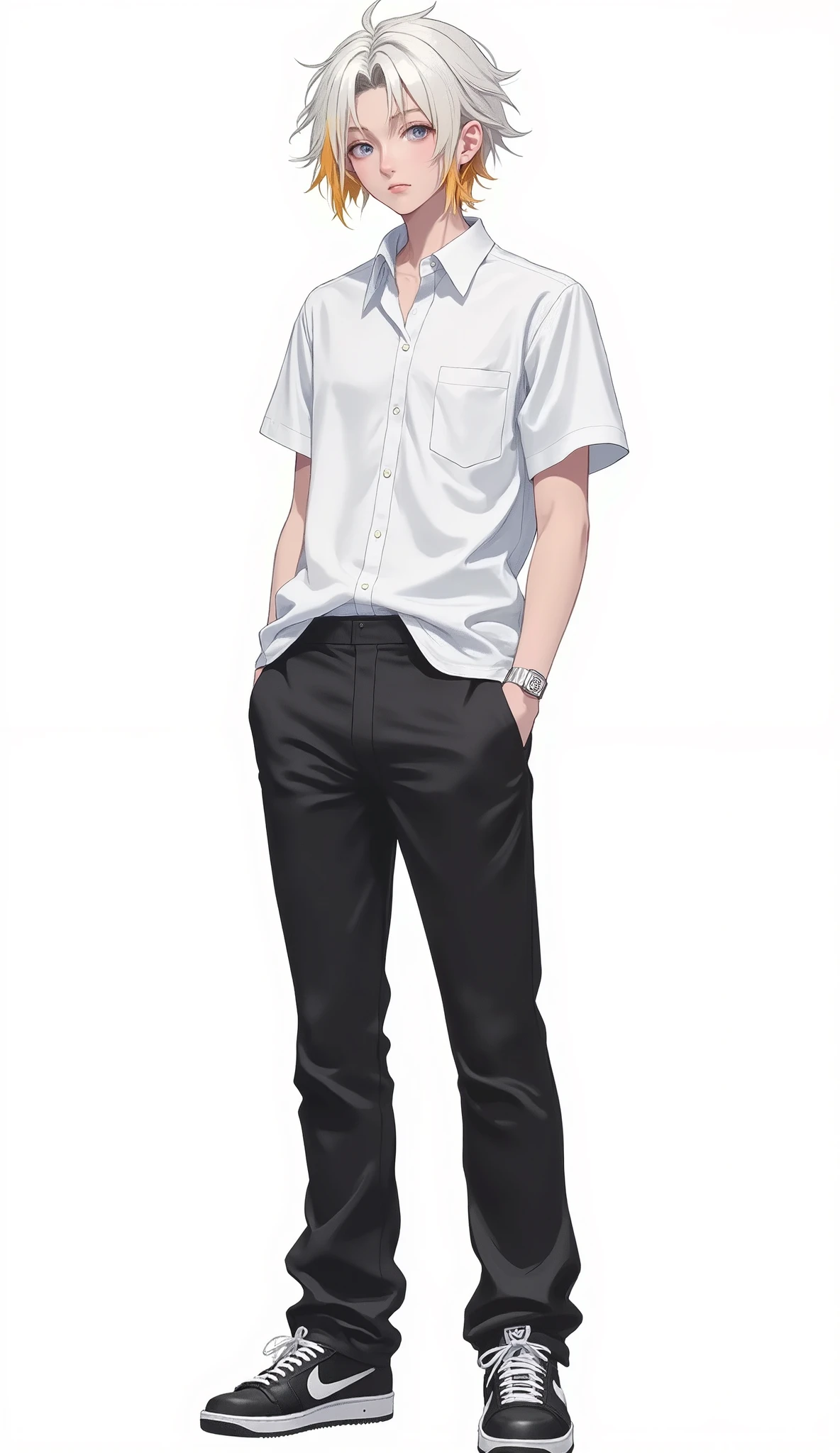 masterpiece, best quality, ultra-detailed, illustration,
1boy, solo, full body, standing,
a 19-year-old handsome young man, tall build, cool and mature atmosphere,
asymmetrical messy white hair with orange streaks, blue eyes,
looking at viewer, natural cool standing pose,
wearing a high school uniform (short-sleeved white dress shirt, black slacks), Nike sneakers,
simple background, white background