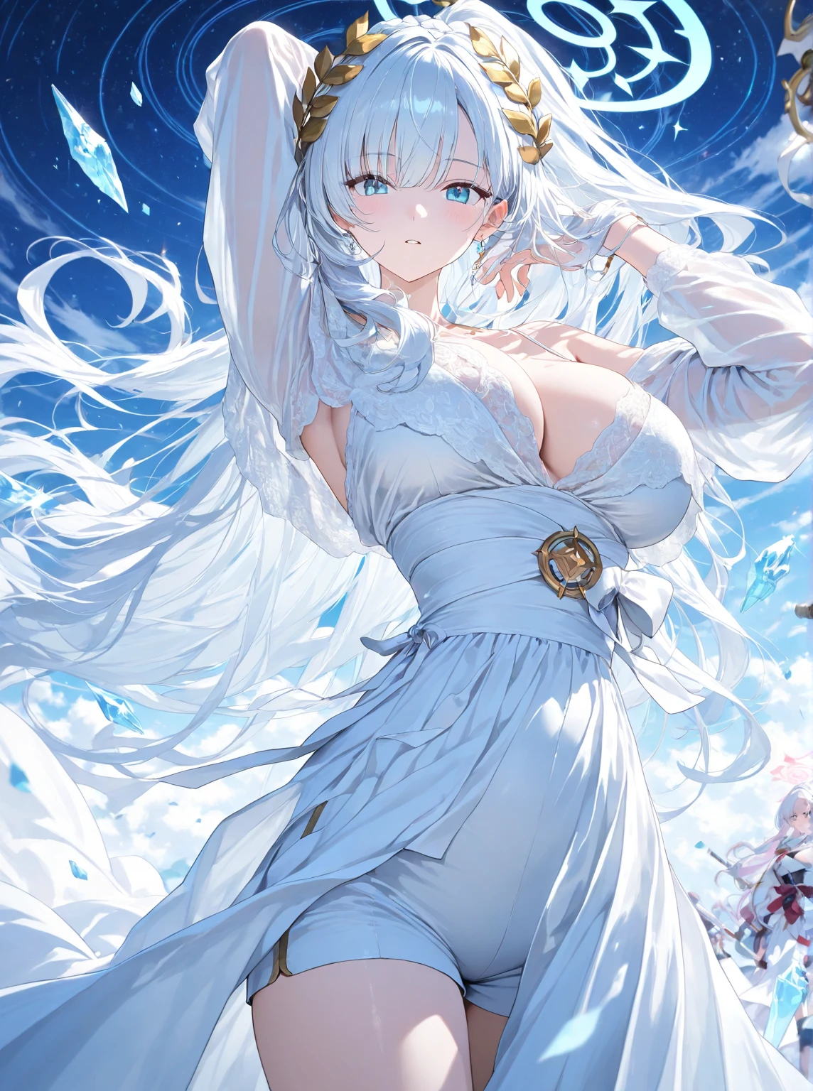 masterpiece, highlydetailed, ultra-detailed, cold, solo, (1girl), (pale skin), icyblue eyes, frosty white hair, cool Chara, flat face, young lady, lady chara, medium boobs, Arrogant, confident, cold face, goddess, cool kuudere girl, sharp eyes, (snowy background), snowflakes, (frozen flowers:0.5), (crystal crown), (sparkling ice crystals), (ice dress), (snow-covered ground), (icy breath)