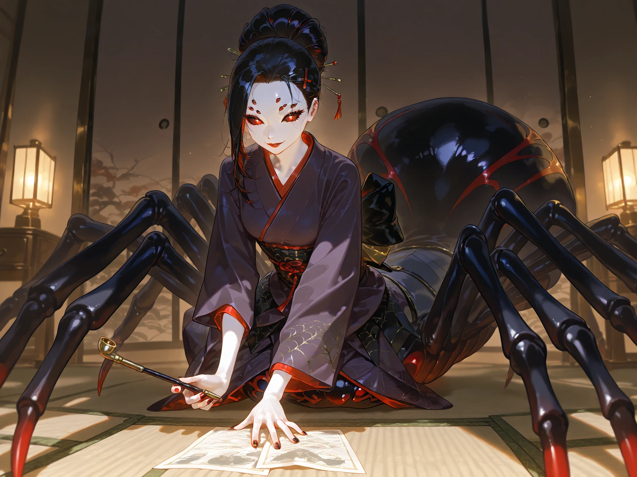 Japanese woman, a drider, spider hybrid. (((Arachne,Taur,Spider Body.))Her lower body is black widow spider:spider body, eight segmented articulated spider legs covered with red markings.) She has a white skin. She has red lipstick. she smiles slyly. She has jet black narrow eyes. she has red manicure and pedicure. She is half-naked wearing a black and purple kimono,embroidered with golden spiders and a black spider web. Her robe has a big black bow on the back. She has jet-black hair pulled back in a traditional Japanese geisha hairstyle and decorated with sharp gold hairpins. She has an Oriental smoking pipe in her hands. In the background:an ornate traditionally decorated Japanese hall, tatami mats on the floor,in room placed a Japanese paper screens with drawing of red and white spider lilies.