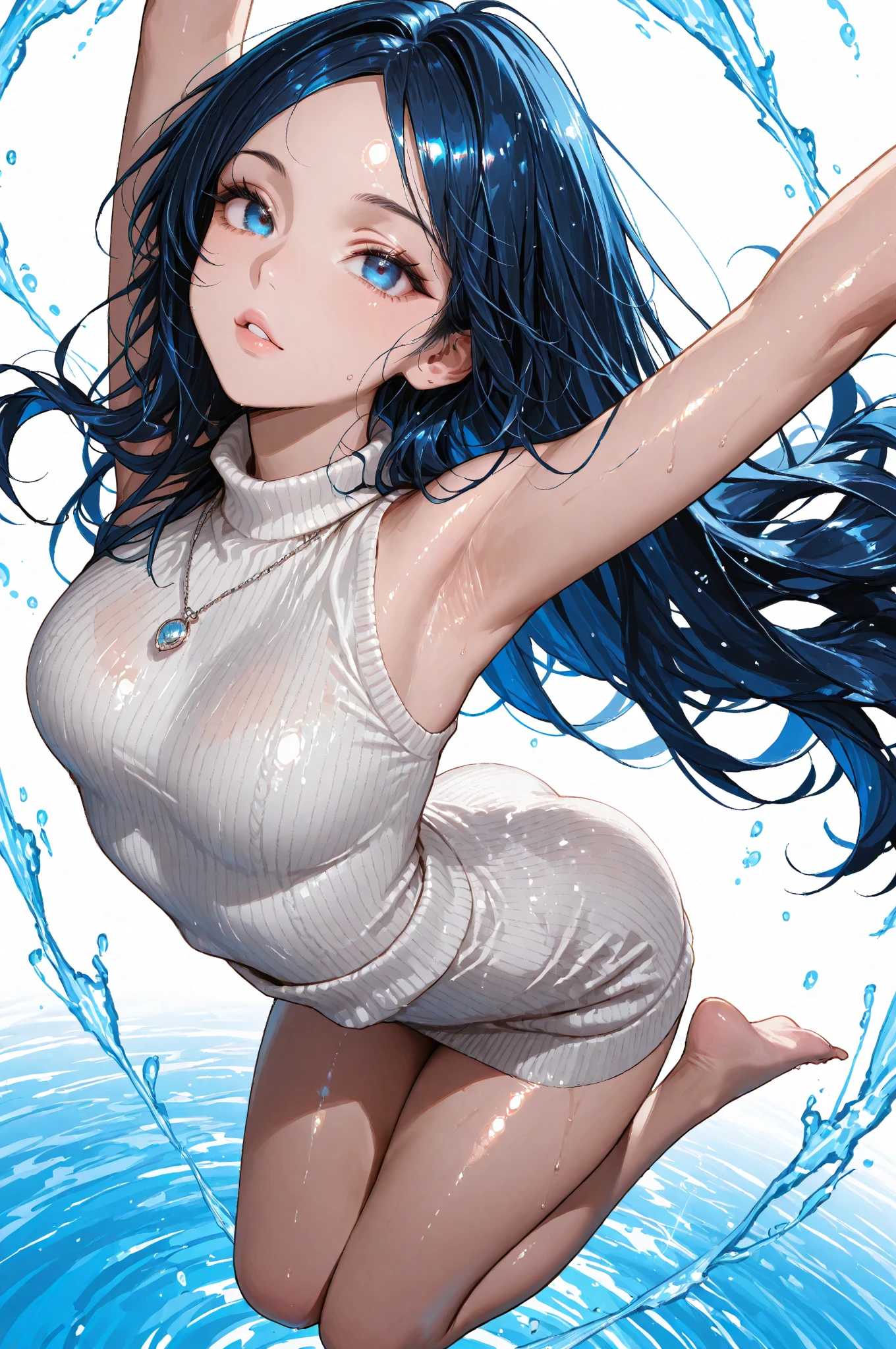 anime style ecchi, 1 girl, sexy pose, thick thighs, buffer, buttocks, White background, Water