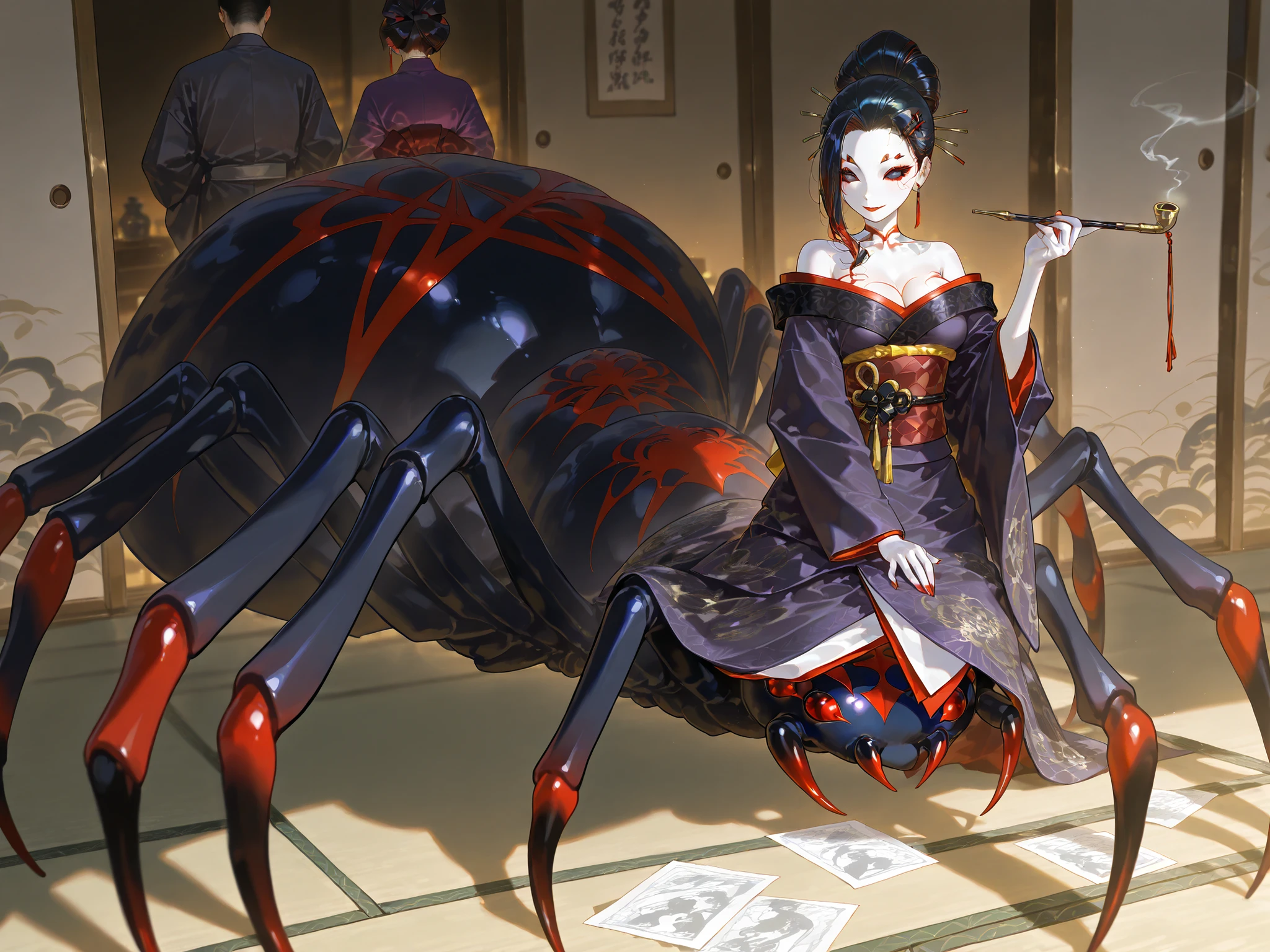 Japanese woman, a drider, spider hybrid. (((Arachne,Taur,Spider Body.))Her lower body is black widow spider:spider body, eight segmented articulated spider legs covered with red markings.) She has a white skin. She has red lipstick. she smiles slyly. She has jet black narrow eyes. she has red manicure and pedicure. She is half-naked wearing a black and purple kimono,embroidered with golden spiders and a black spider web. Her robe has a big black bow on the back. She has jet-black hair pulled back in a traditional Japanese geisha hairstyle and decorated with sharp gold hairpins. She has an Oriental smoking pipe in her hands. In the background:an ornate traditionally decorated Japanese hall, tatami mats on the floor,in room placed a Japanese paper screens with drawing of red and white spider lilies.