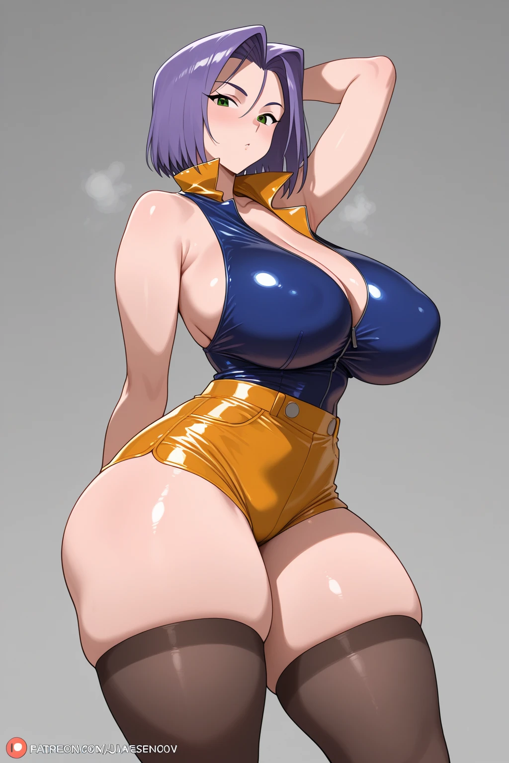 ((1woman)), 30yo, ((asian)), Japanese, pale, blue_eyeshadow, arched_eyebrows, red lipstick, ((yellow_spandex)), halter_bodysuit, bust_cutout, belly_cutout, purple_trim_around_cutouts, purple_trim_armholes, ((purple_sheer_pantyhose)), silk_pantyhose, ((purple_nipple_covers)), tassels, ((high_ponytail)), red_hairtie, frilled_ruffle_collar, lingerie, stripper_attire, burlesque_dancer, ((fat)), ((bbw)), apple_shaped_body, overweight, obese, ((large_breasts)), (detailed)