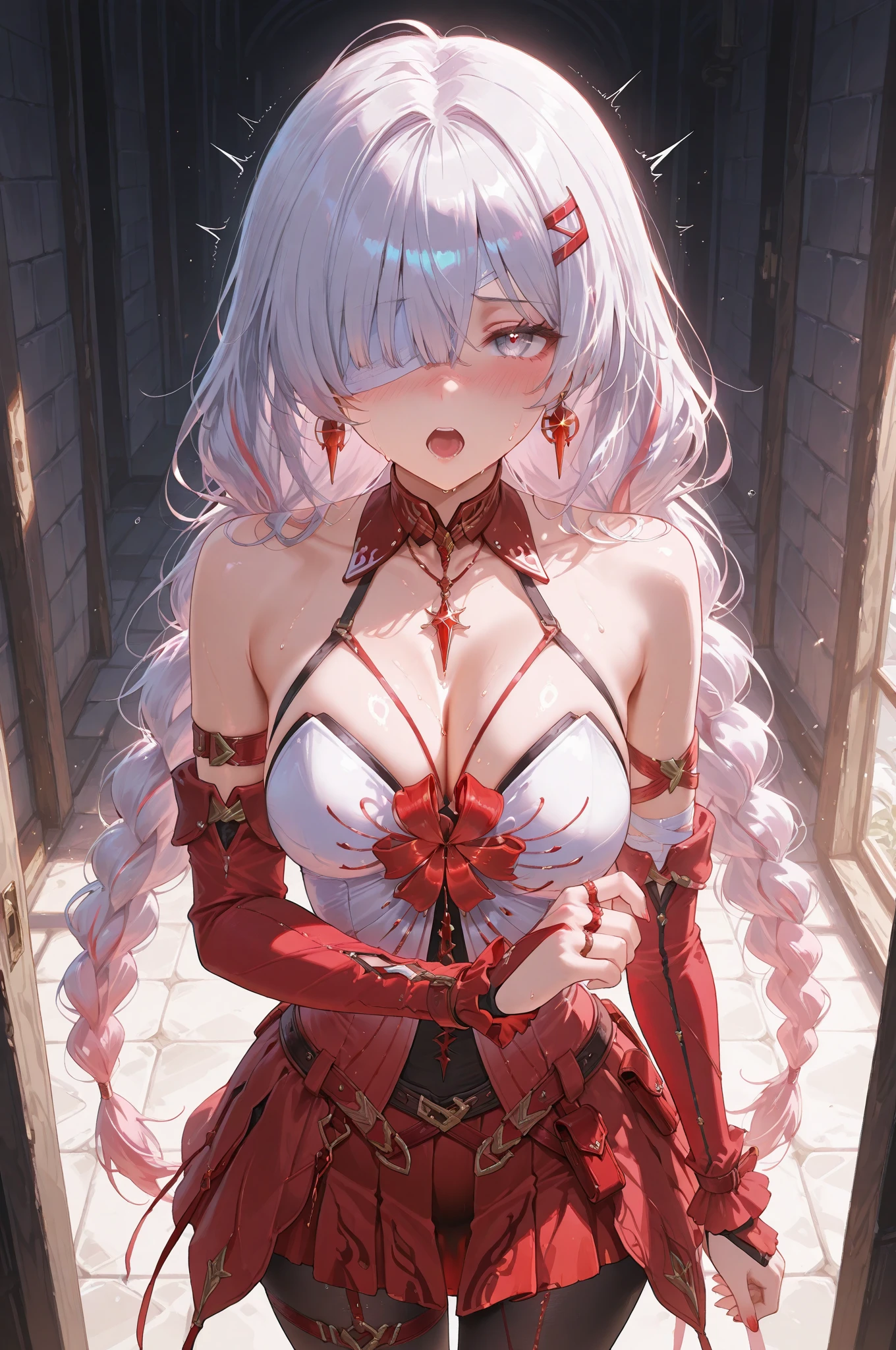 Long white hair，Red eyes，Sexy Sheer Colonial Dress, Perfect body, Clear chest, Well-defined collarbone, Surreal, lifelike, detailed, Perky transparent nipples, Wet clothes(whole body:1.1),cross，Holy，best quality，Large Breasts，Big Ass，No underwear。Gorgeous church background with extreme details
