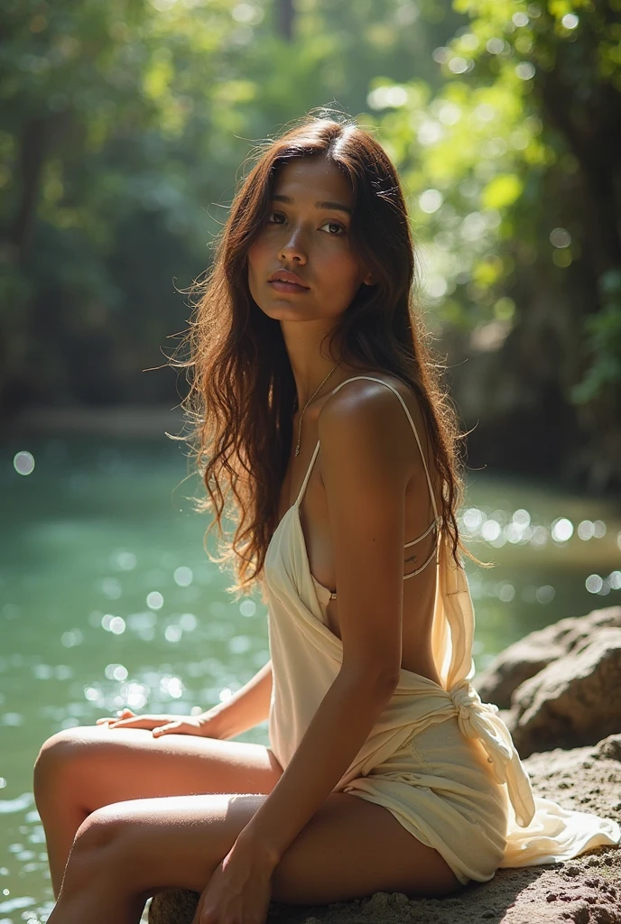 (photorealism:1.2), beautiful woman, sitting on destroys road, wearing loose off-shoulder blouse tringa, Shari , long curly hair, outdoors, soft lighting, green vegitable plants in background,