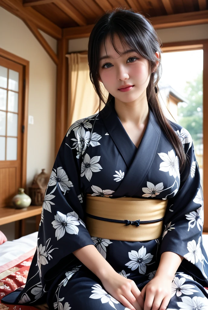 (masutepiece, Best Quality:1.4), Beautiful face, 8K, 85 mm, absurderes, ((FULL BODYSHOT:1.3))、((traditional Japanese room(With futon)))、(Floral pattern long-sleeved kimono:1.4), violaceaess, gardeniass, Delicate girl, Solo, Long bob hair、Night, Looking at Viewer, Upper body, Film grain, chromatic abberation, Sharp Focus, face lights, Professional Lighting, Sophisticated, (Smile:0.4), (Simple background, Bokeh background:1.2), Detail Face