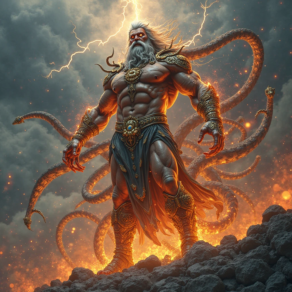 "zeus holding medusa's head in his arms, intense rain with lightning and thunder, piercing rays emanating from his eyes, hate-filled expression"
