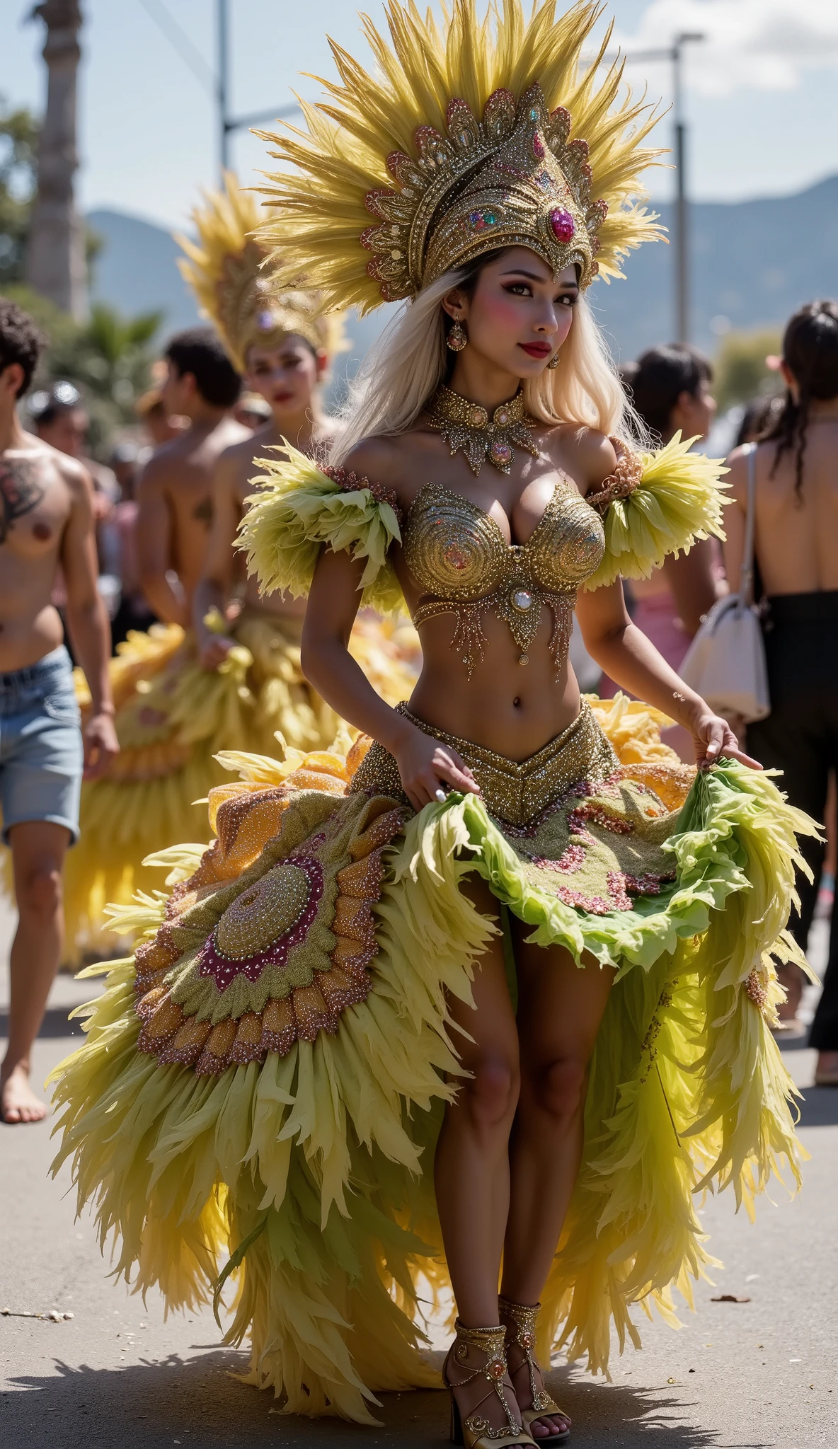 (((medium shot))), 30 year old tall naked (DV_Tammy_Sue_Vicious) in a street parade in brazil , (facing front leaning back Looking at viewer, small waist, medium hips, (big natural breast:1.3) ) long legs apart feet apart ,nsfw samba,((metallic copper) micro bikini:1.2), (samba:1.4),navel,bare shoulders,micro bikini,(jewelry:1.2),nipple seal, thong bikini, hair ornament,thigh strap, (samba dancer:1.4), jewelry ornament, hairband, shiny micro bikini, richly coloured micro bikini, tiara, revealing clothes, necklace,<lora:samba:0.6>,large elaborate feather headwear, peacock feathers, <lora:colorize:1.3>