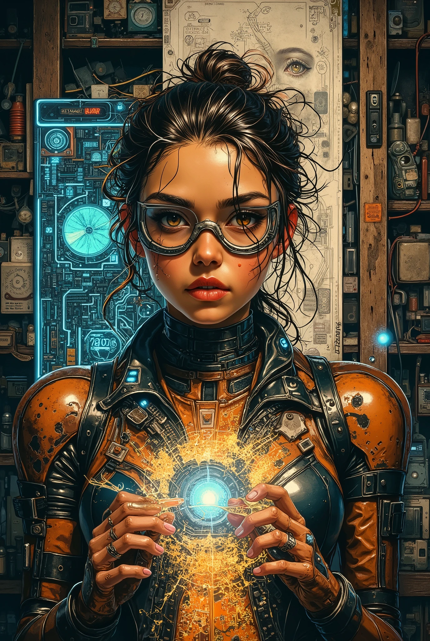 Main Prompt: Epic dynamic portrait of a brilliant young Electronics-Fixing Girl, a technomage savant. She is caught in a moment of pure genius, suspended mid-air in a zero-gravity chamber of her own workshop. Her expression is one of intense, joyful focus. Core Subject & Action: She is performing micro-soldering on the intricate, glowing core of a floating, holographic motherboard with a delicate, precise soldering iron. Tiny, molten solder droplets are frozen in the air around her like liquid mercury, catching the light. Style & Details: Her style is a fusion of vintage 80s cyberpunk and practical workshop chic: worn leather toolbelt overloaded with custom-made tools, oversized neon-lit goggles pushed up on her forehead, messy bun streaked with electric blue, fingerless gloves with augmented reality feedback dots on the fingertips. Her left arm is a sleek, custom-built robotic prosthetic, its panels open to reveal glowing inner wiring, which she is simultaneously calibrating with her other hand. Environment & Atmosphere: The workshop is a breathtaking chaos: a cathedral of technology. Shelves are crammed with disassembled vintage radios, futuristic drones, and nostalgic gadgets from every era. In the background, a massive, translucent holographic schematic of a quantum circuit board flickers and rotates slowly. The lighting is cinematic and dramatic: volumetric rays of light pierce through the dust motes and smoke from the soldering, casting long shadows. The color palette is a rich mix of warm copper, gold, and orange from the soldering, contrasted with cool electric blues and magentas from the holograms and neon signs. Technical Specs: Photorealistic, hyper-detailed, insanely intricate, 8K resolution, dramatic chiaroscuro lighting, depth of field, lens flare from a single bare lightbulb, ethereal glow, sharp focus on the subject and the motherboard. Art by Syd Mead and Anna Dittmann. --ar 16:9 --style raw --v 6.0