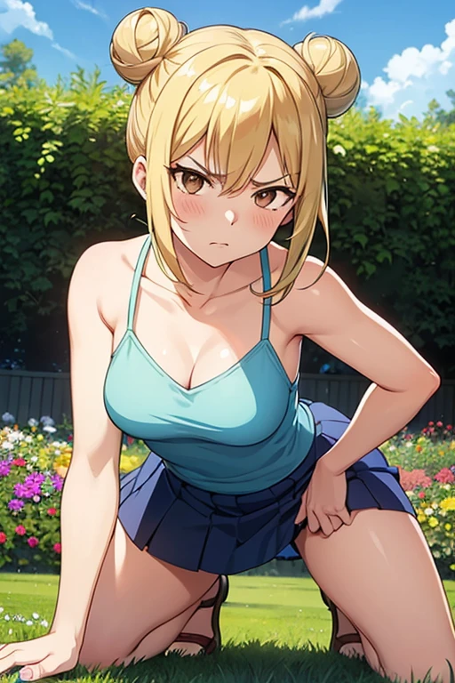 masterpiece, best quality, highres, Sakurai Momoka, 1girl, solo, busty, flat ???????, blond hair, bob hair., sport bra, short skirt, looking at viewer, full body, standing, simple background, (?????? pose:1.4), blush, flustered, (panties exposed:1.3), ((arms behind head, double armpits, standing)), Half body, upper body, In the middle, symmetrical, licking lips