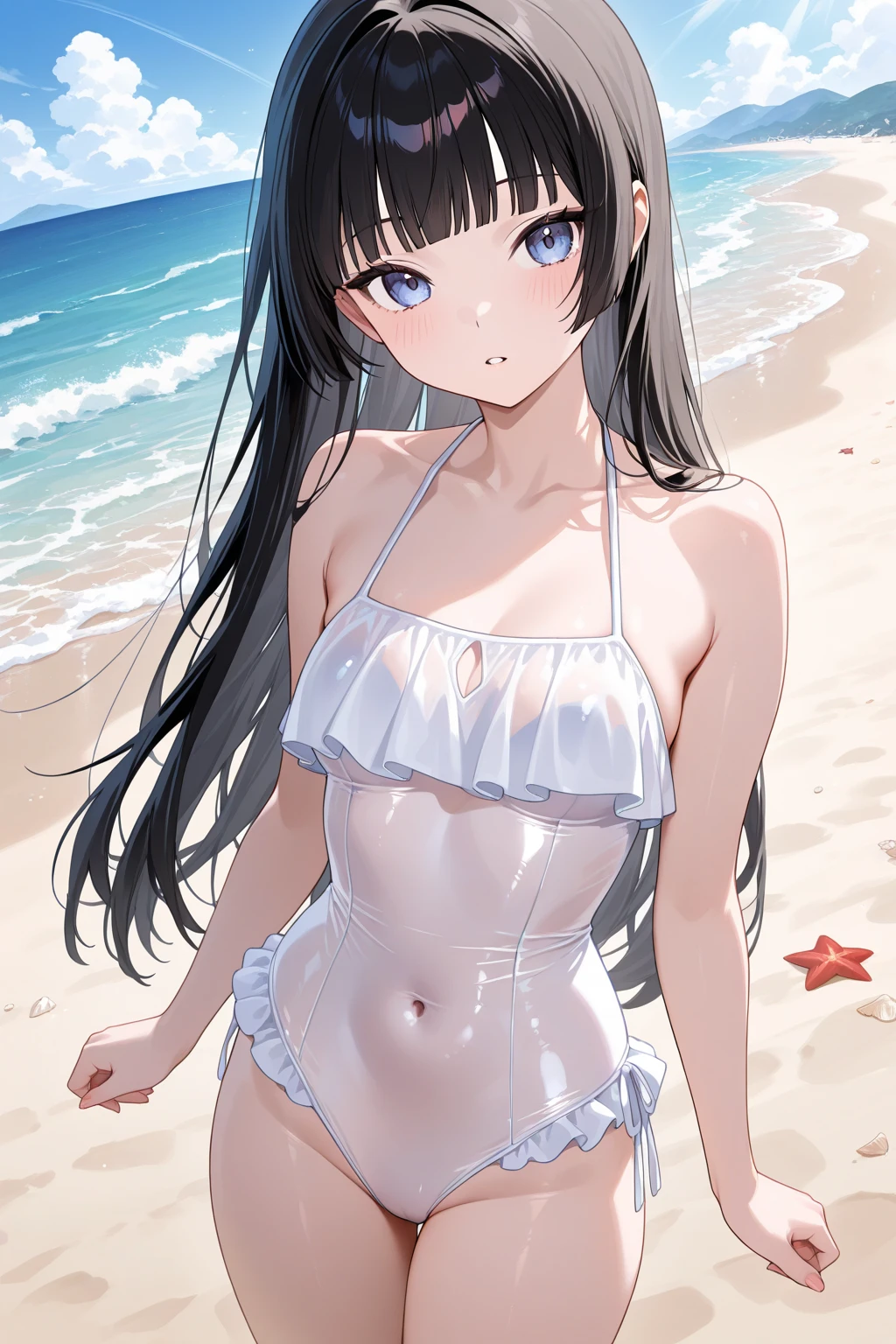 (masterpiece, best quality), 1girl, standing, cowboy shot, bent over, reaching arms, waving hands, splashing, spread legs, BREAK girl, 15 yo, (loli:1.5), (huge breasts:1.1), black hair, (medium hair:1.2), (curly hair:0.9), blunt bangs, pink eyes, ultra detailed eyes,(tareme:1.1), smile,open mouth, BREAK casual, (blouse, white shirt, buttoned shirt), bare shoulders, collarbone,puffy sleeves, short sleeves, gathers, frills, midriff, navel,underboob, denim shorts, straw hat BREAK outdoors, beach, in sea, summer, spain