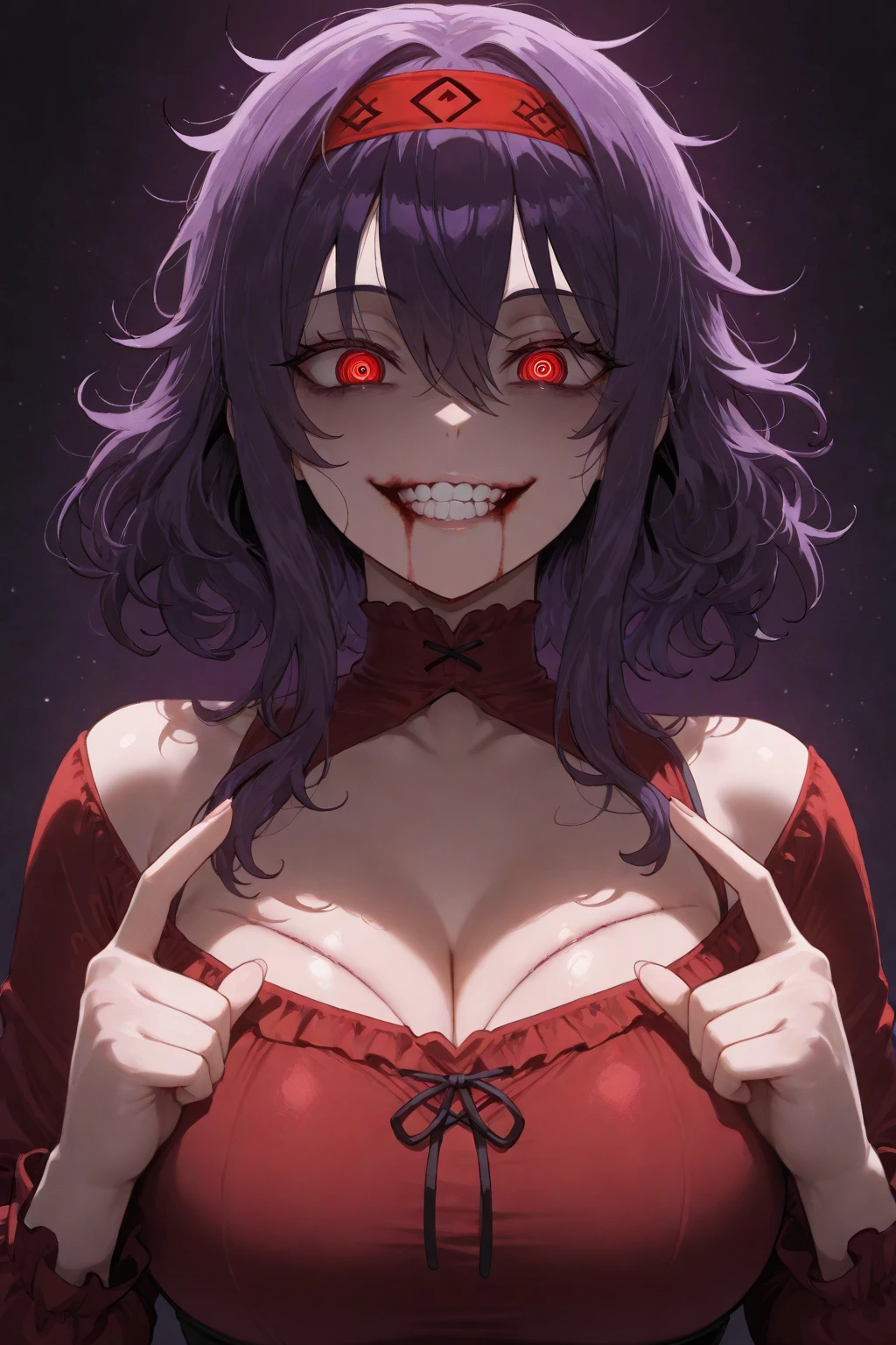 solo, female, long messy black hair, wavy hair, red eyes, black wolf ears, black wolf tail, extremely tall woman, large breasts, dog collar and leash, broad shoulders, black furry claws, furry forearms, black and red kimono, forest, close up, red mascara, cleavage:0.3, pet play, unhinged smile, fangs, yandere, huge woman, holding leash, submissive, wolf girl, strong, looking at viewer, pinup pose, romantic, taller than viewer, close up, blush, muscular, from below