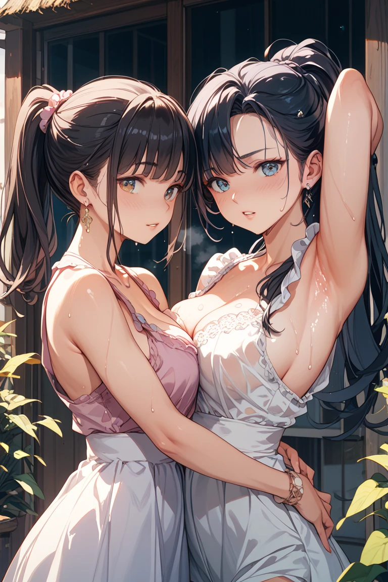 ((Highest quality))、((masterpiece))、(detailed)、((Anatomically correct))、(High resolution、8k)、(Two Women:1.3)、kiss、(a girl is grabbing girl’s breasts from behind:1.5)、Half-closed eyes、cowboy shot、 (Beautiful Eyes:1.2)、Different color dresses、Gorgeous garden with blooming flowers、Petals fluttering、Blue sky、F Cup、Slipping、Nipples、(Both of them have their out)