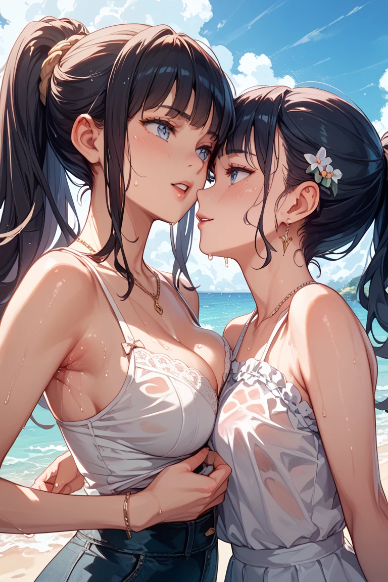 ((2 Little girls touch each other's breasts)), Brown Hair, Brown eyes, model, (Beautiful big boobs:1.3), Exposing shoulders, (Exposed breasts:1.2), (expensive , Professional photography, (((Bokeh))), Beach, Ocean, Twilight, sunset, Underwear pattern multicolor Hug from behind、