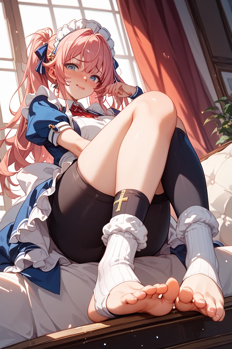 PippaBase, long hair, braid, ahoge, hair ornament, hair bow, multicolored jacket, sleeves past wrists, criss-cross halter, masterpiece, best quality, femdom, footjob, sadism, cum on feet, nsfw, uncensored, cbt, penis, testicles