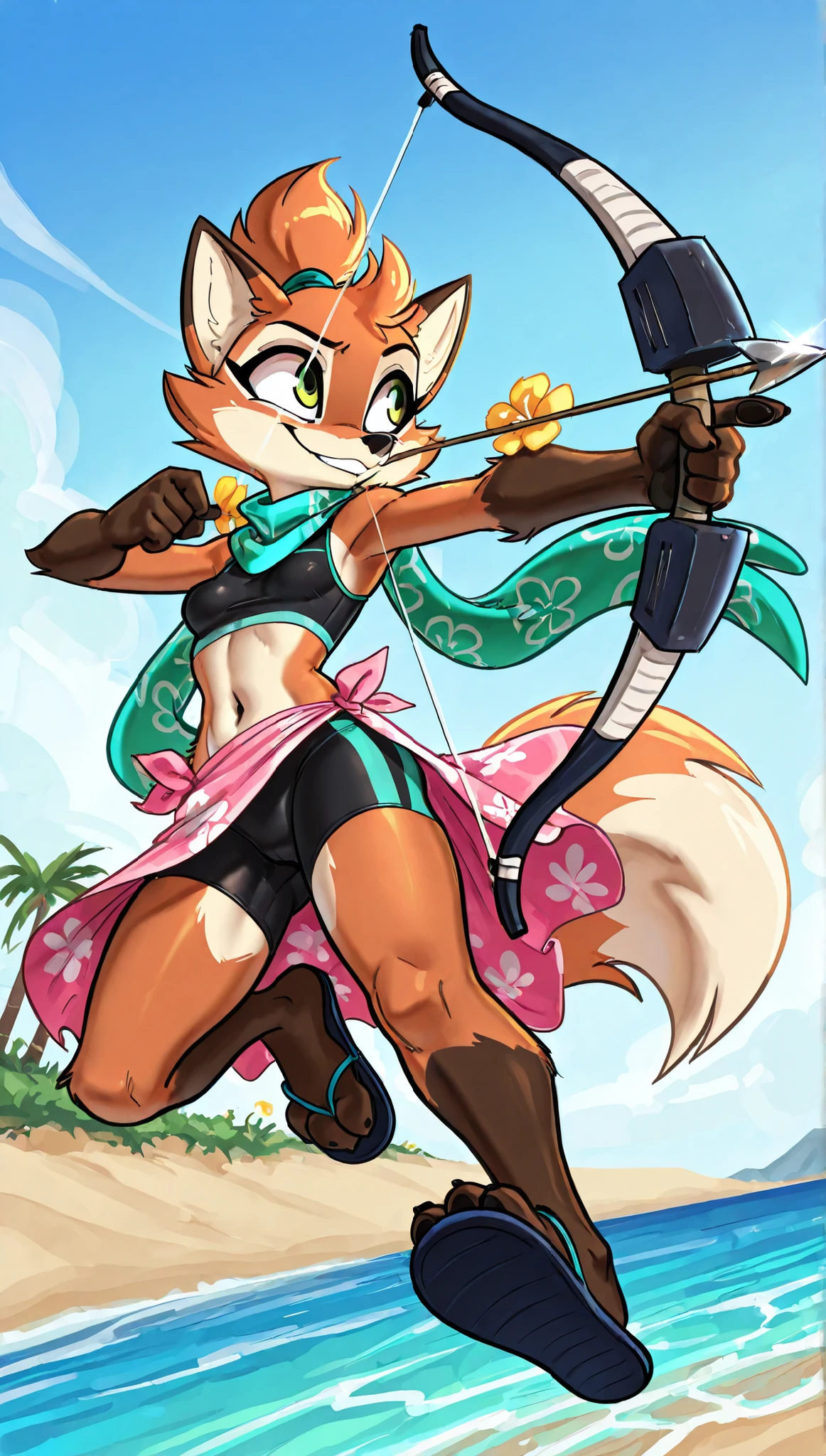 score_9, score_8_up, score_7_up, 1girl, source furry, absurdres, masterpiece, best quality, amazing quality, siroc, solo, dynamic angle, fleetfox, furry, fox, orange fur, green eyes, female, short hair, spiky pointed bangs tuft, fleetSummer, ((black tankini, midriff, black bike shorts, navel, turquoise long scarf with flower pattern, pink sarong, flip flops)), full body, feets with three toes, small breasts, ponytail, smile, jumping, smile, holding weapon with one hand, bow weapon, archery, arrow focus, action pose, clear sky, beach on background, 