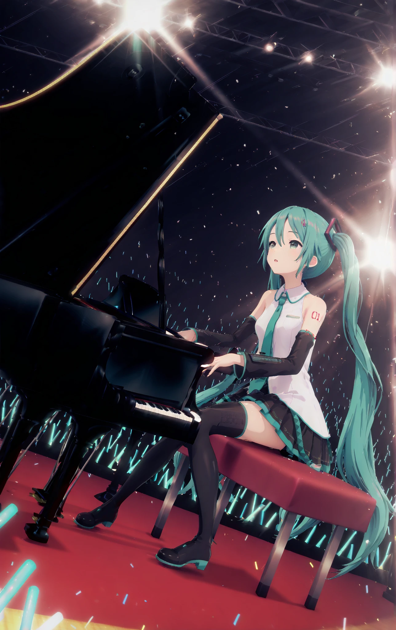 ,score_9, score_8_up, score_7_up, score_6_up, 1girl, teen girl, Hatsune Miku-Project SEKAI version, white shirt,collared shirt,bare shoulders,sleeveless shirt,aqua necktie,detached sleeves,black sleeves,shoulder tattoo,miniskirt,pleated skirt,fringe,zettai ryouiki,black thighhighs,thigh boots,absurdly long hair,aqua hair,twintails,hair ornament,sidelocks,hair between eyes,parted bangs,aqua eyes,st4g3, concert, glowstick, stage lights, stage, crowd, (playing the piano on stage and singing), girl_and_piano, (playing instrument), instrument, piano, sitting, grand piano,bare hands, stage glitter effects, playing a piano, dynamic angle, angled shot,