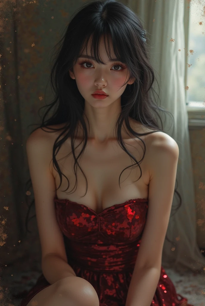 Close-up, (neon, night view, Dutch angle, from above, strapless: 1.3), masterpiece, top quality, raw photo, photorealistic, off-shoulder, red lace dress, red choker, reddish-purple eyes, up, upper body, cleavage, face light, shiny skin, film grain, chromatic aberration, absurdity, high resolution, ultra detail, detail, detailed eyes and face, sharp pupils, realistic pupils, sharp focus, sexy inviting pose, crotch open