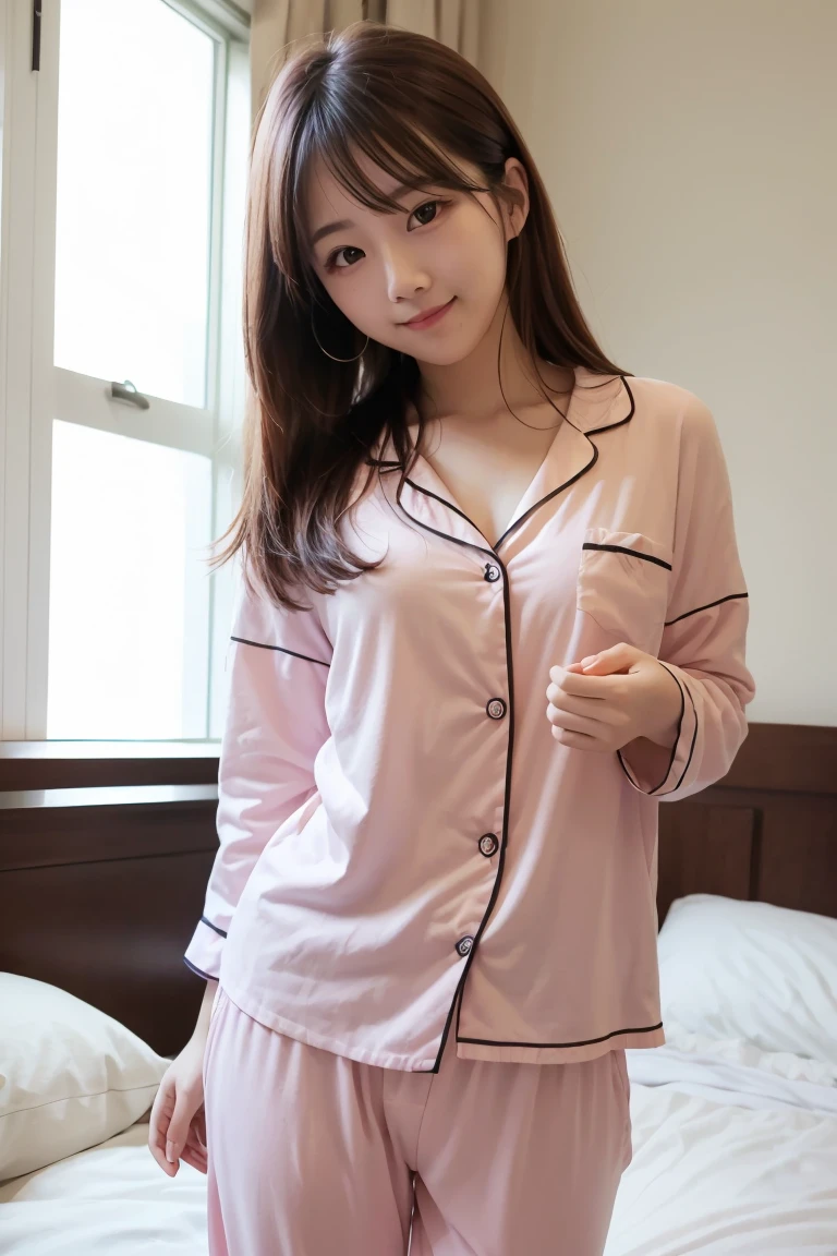 There is a cute female college student in her 20s wearing pajamas in the bedroom of a Japanese-style student dormitory..。