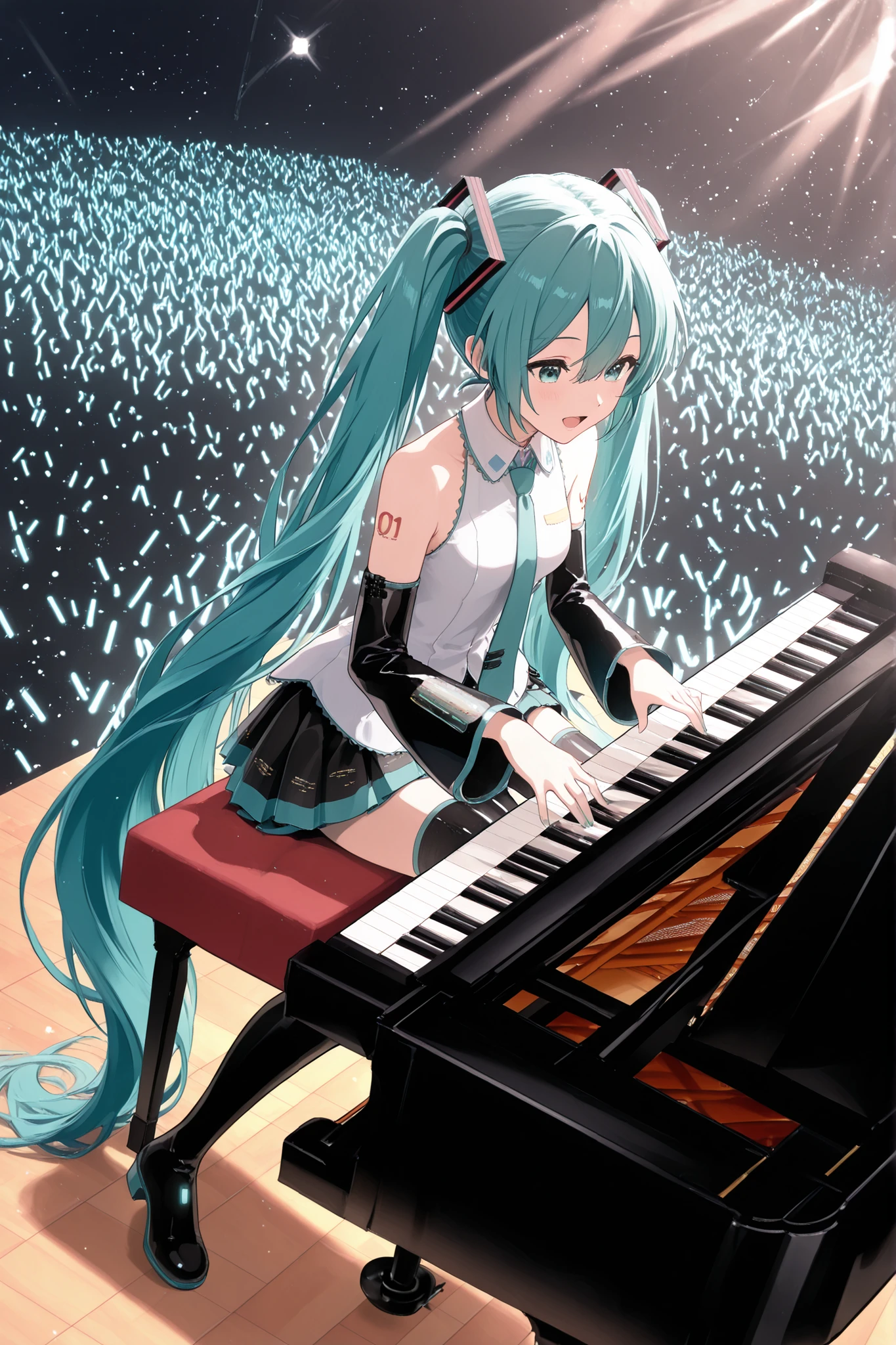 ,score_9, score_8_up, score_7_up, score_6_up, 1girl, teen girl, Hatsune Miku, white shirt,collared shirt,bare shoulders,sleeveless shirt,aqua necktie,detached sleeves,black sleeves,shoulder tattoo,miniskirt,pleated skirt,fringe,zettai ryouiki,black thighhighs,thigh boots,absurdly long hair,aqua hair,twintails,hair ornament,sidelocks,hair between eyes,parted bangs,aqua eyes,st4g3, concert, glowstick, stage lights, stage, crowd, (playing the piano on stage and singing), girl_and_piano, (playing instrument), instrument, piano, sitting, grand piano,bare hands, stage glitter effects, playing a piano, dynamic angle, angled shot,