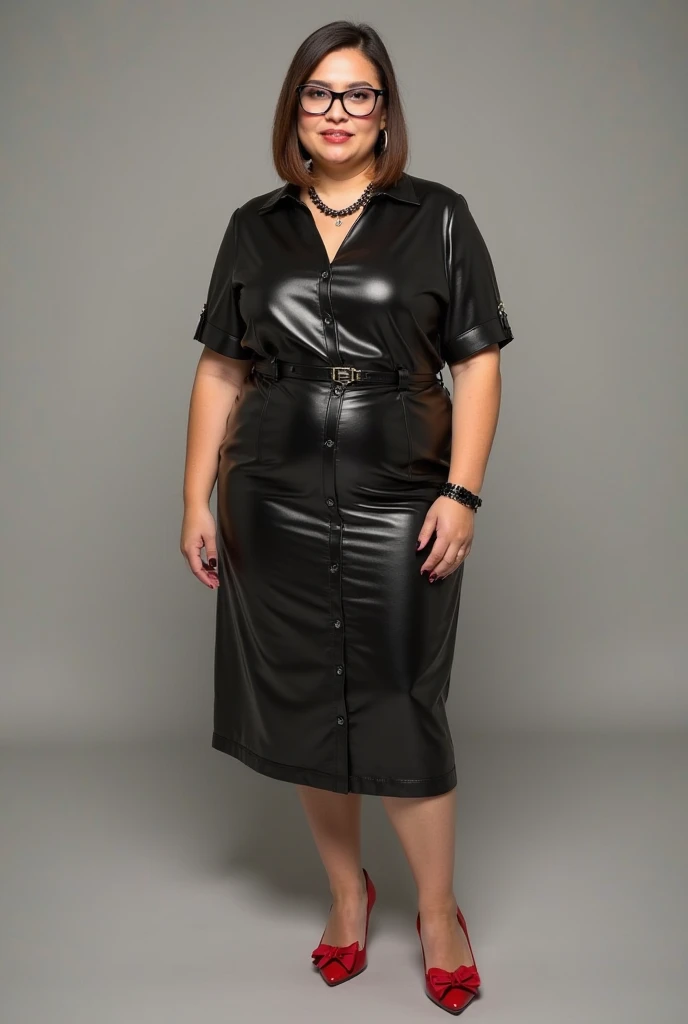 full-length photo, beautiful 50-year-old short straight greyblonde bobcut woman, wearing puff shoulder short sleeve leather shiny satin patterned peter pan collar dress, belt, thick high necklace, fishnet nylon pantyhose in ankle strap high heel shoes, stood in bar, glass on floor, full body length picture, high quality, photorealism, cinematic, professional photo, 1064K, eye focus, superdetailed, filigree, haze, hyperrealism, masterpiece, Ultra HD