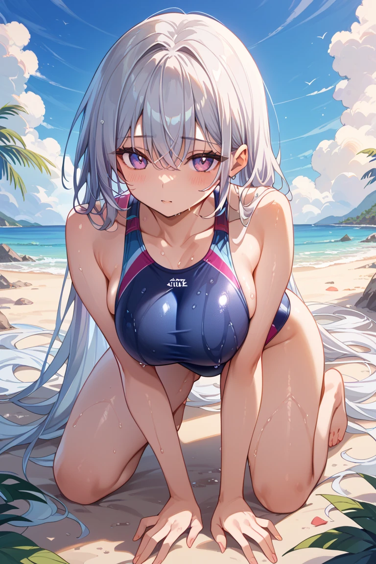 (1 boy and 1girl are having sex), school swimsuit,Silver braided short bob,highest quality,masterpiece,Large Breasts,Embarrassing,Surrounded by men&#39;s penises
