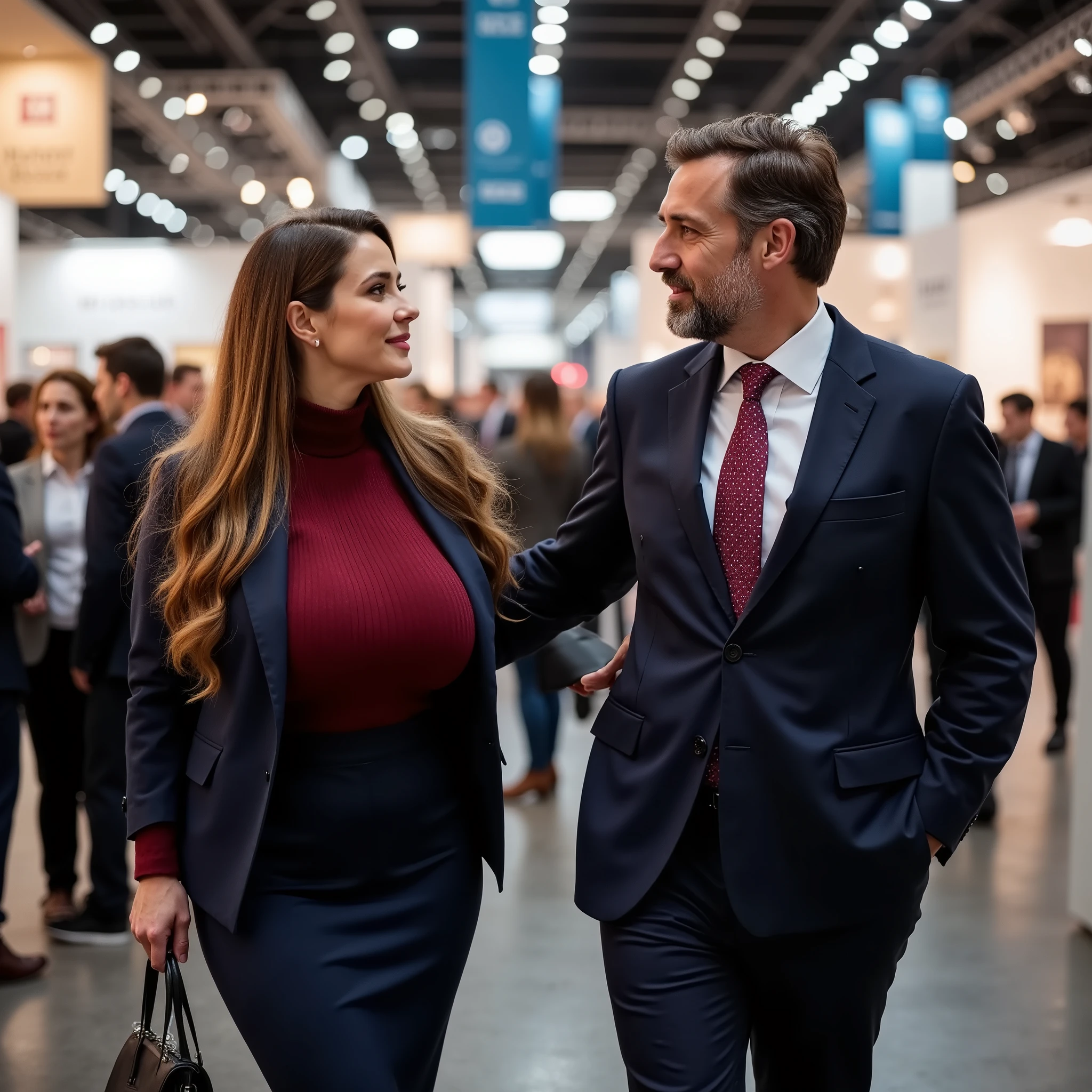 
A 40 years old beautiful business woman, 1,80m, attractive mature woman, MILF, with very very long wavy dark blonde hair, with huge and low hanging sagging big breasts , large ass , wide hips, wasp waist, high resolution, 4k. person full in frame, from head to toe.

A business woman at a busy trade show is in a tough negotiation with male customers, the customer is over 70 years old and much smaller that the business woman. The the two persons walking side by side along the trade fair and discuss intensively. The woman is looking directly into the eyes of the old customer. she uses strong gestures with her arms and hands. The business woman is impeccably dressed in a dark red knitted cozy turtleneck top, a dark blue business jacket,  a dark blue very long business skirt that reaches down to her attractive high heels. Her very extremely long beautiful wavy hair is falling over her left shoulder