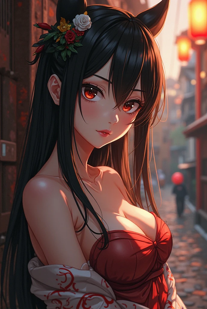 A beautiful young woman, very beautiful with a realistic detailed face, standing, she has a disgust look on her face, she is wearing a red dress, anime style, realistic wide portrait 