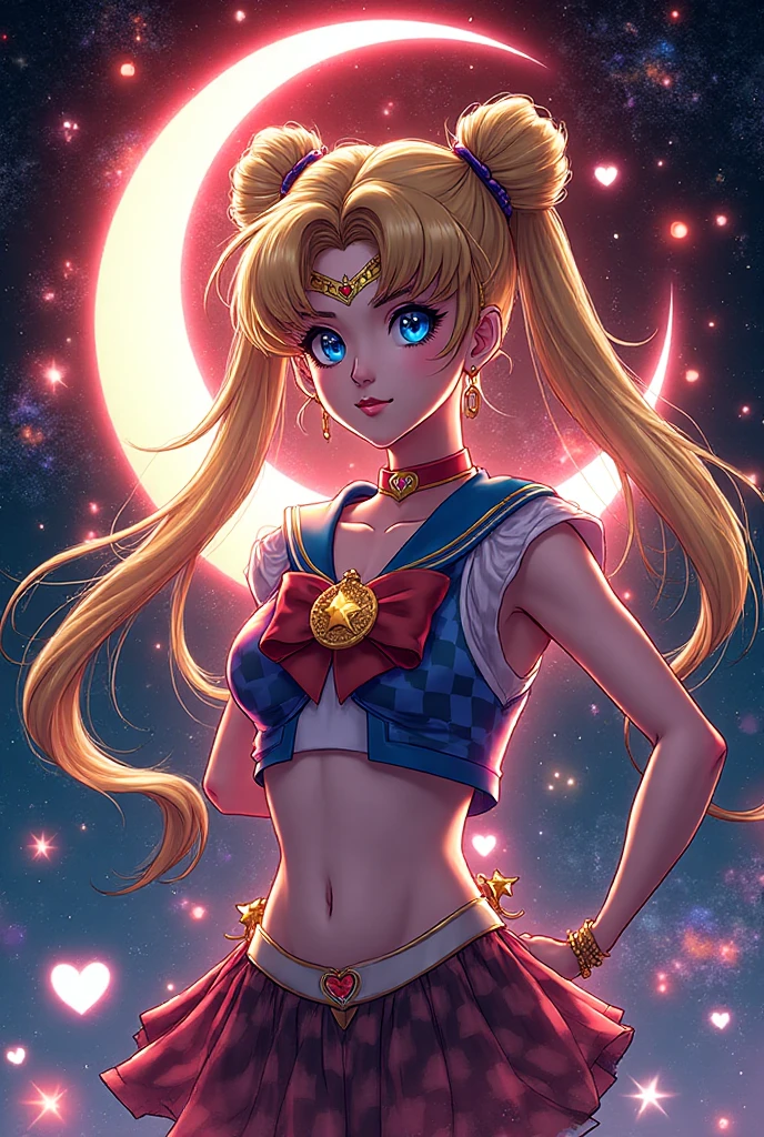 masterpiece, highest quality, High Resolution, Month 1, 1 girl, alone,  ((Sailor Moon:1.3)), Usagi Tsukino, blonde, Magical girl, blue eyes, Elbow hand pockets, tiara, ((bikini:1.5)), choker, White gloves, jewelry, Earrings, smile, The background is space (Amazing details, Excellent lighting, Wide-angle), full moon, 