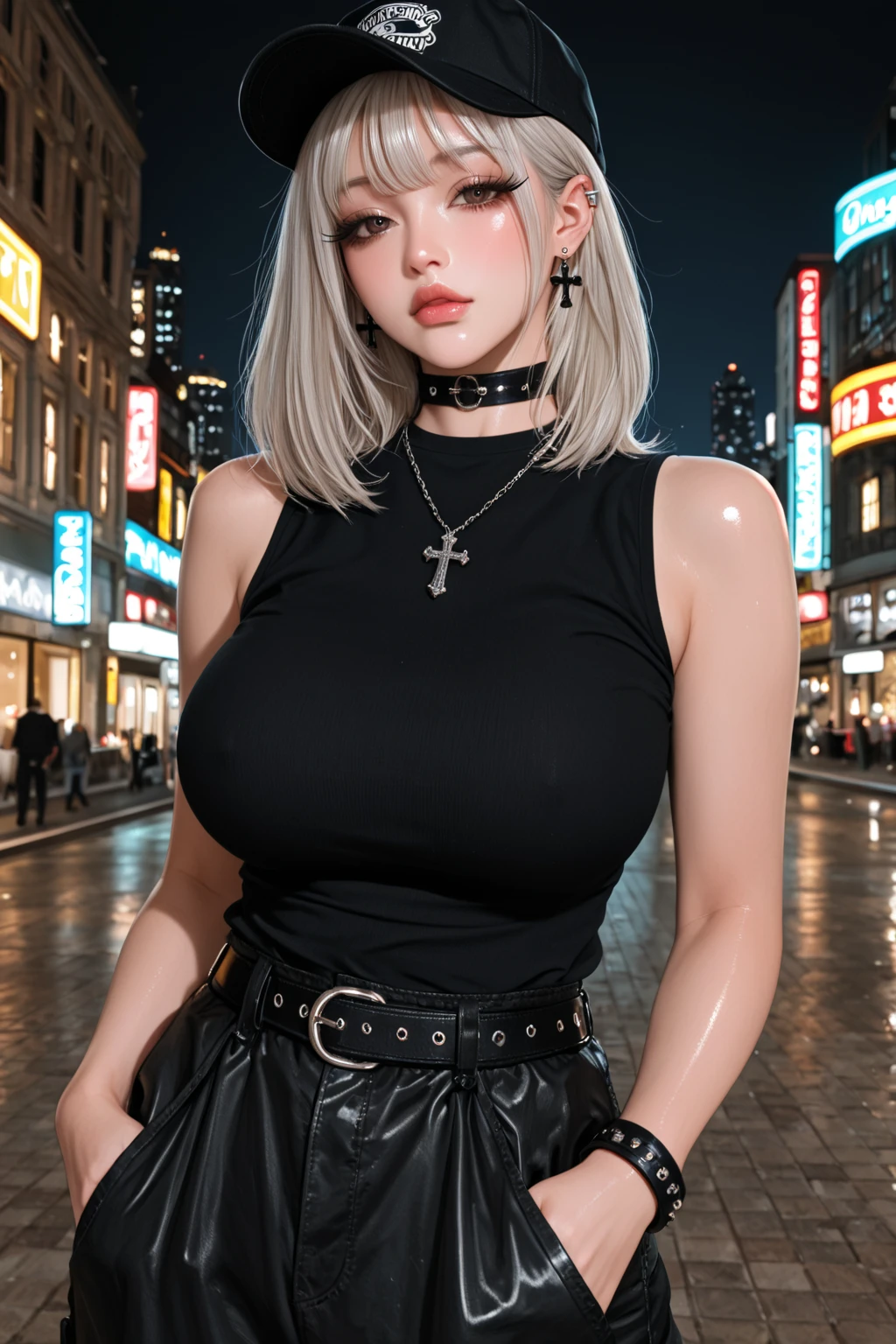 SFW, 4K、1 girl、Beautiful woman、dark、Deep Shadows、(short hair:1.4)、(Short shirt:1.4)、Leather miniskirt、Long legs、Small head、Small head、Large Breasts、short hair、((A blonde:1.4))、In the noisy night、Bustling streets, wear,((Thin waist)), Young Asian Girl, ((Large Breasts)),