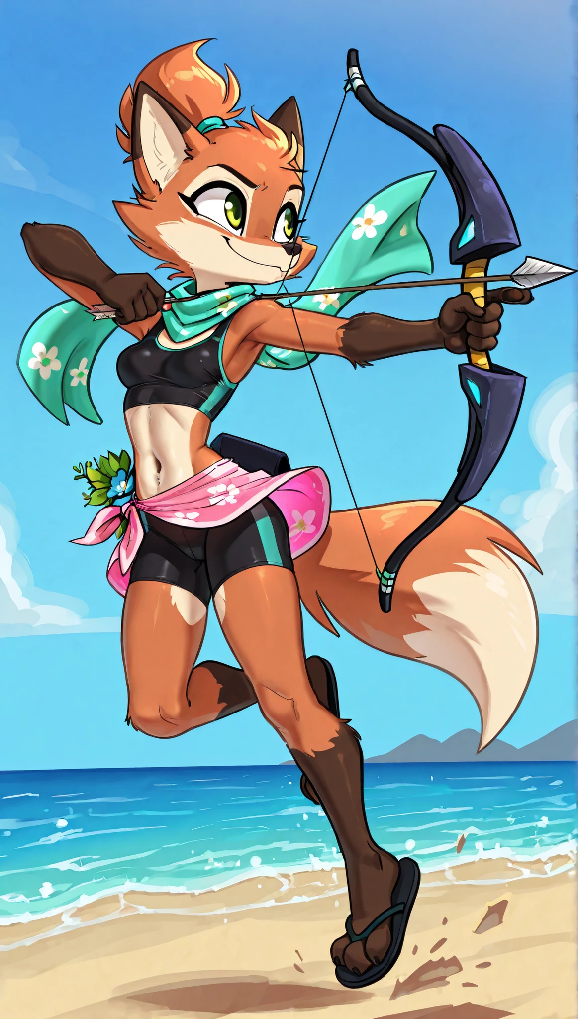 score_9, score_8_up, score_7_up, 1girl, source furry, absurdres, masterpiece, best quality, amazing quality, siroc, solo, dynamic angle, fleetfox, furry, fox, orange fur, green eyes, female, short hair, spiky pointed bangs tuft, fleetSummer, ((black tankini, midriff, black bike shorts, navel, turquoise long scarf with flower pattern, pink sarong, flip flops)), full body, feets with three toes, small breasts, ponytail, smile, jumping, smile, holding weapon with one hand, bow weapon, archery, arrow focus, holding arrow, action pose, clear sky, beach on background, 