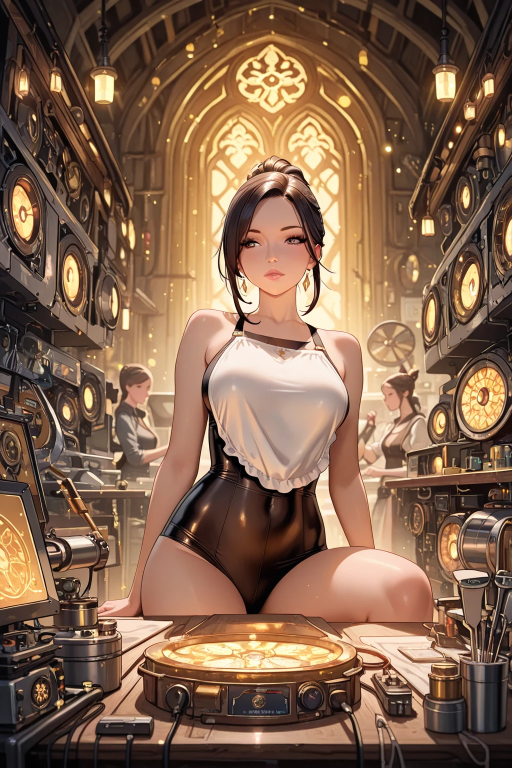 REExcellaGionne, blue eyes, black hair, single hair bun,white dress, cleavage, necklace, medium breasts, bracelet, belt, looking at viewer, serious, smirk, sitting, inside office on desk, legs crossed, cinematic lighting, high quality, masterpiece, <lora:REExcella Gionne:.8>