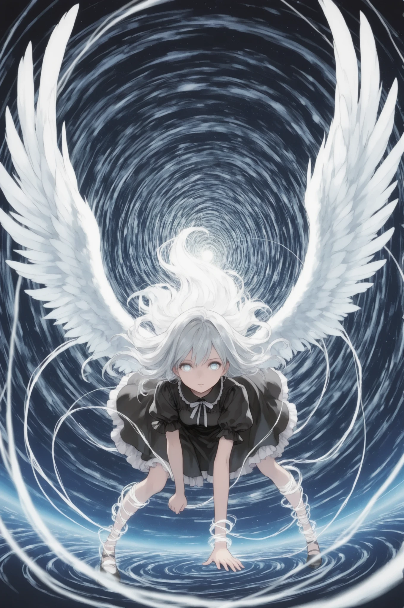 1girl, gothic attire unraveling, angel wings shredded into ribbons of light, silver hair twisting into spirals, body stretched and distorted, face blurred into streaks, BREAK, infinite vortex of clouds and light, spiral horizon, gravitational distortion bending space, BREAK, dynamic top-down view, tilted spiral angle, wide framing, BREAK, motion blur, glowing trails, surreal distortion, atmospheric swirl, (vortex dissolution:1.4), (ethereal abstraction:1.3),