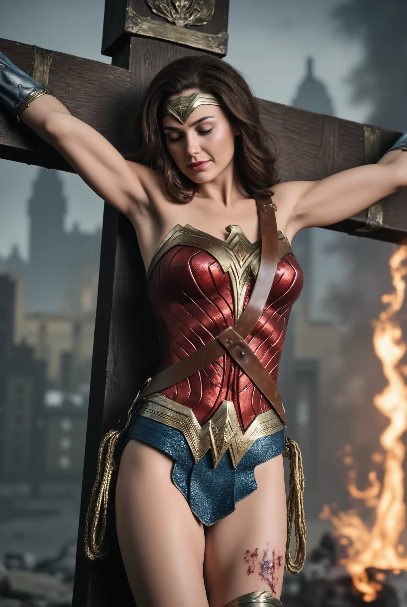 rain,Heavy rain,豪rain,In the midst of a storm,Full body soaked,my hair is soaked,dripping water,((crucifixion)),(cross),(execution),((incontinence)),Bruises on the face,facial scars,close ~ eye,sleeping face,syncope,((Woman in crucifixion at the cross:1.5)),crucifixion刑,(wonder woman),torn costume,tattered clothes,Bruises on the face or body,masterpiece、fine eye、puffy eye、highest quality, 超High resolution, (reality: 1.4), movie lighting、(Ultra-realistic)、(High resolution)、(8k)、(very detailed)、(Super detailed)、 detailed face、bright lighting、professional lighting、slanted bangs、brown hair、20-year-old,wonder womanティアラ, whole body visible, full body shot, ((unconsciousness:1.8)), (injury:1.4)