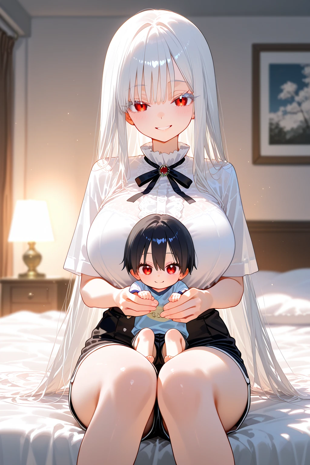 big breasts:1.5、、highest quality、very detailed、Very realistic eye masterpiece、highest quality、very detailed、gray hair、perfect face、long hair、white dress、sundress、nsfw、breastfeeding