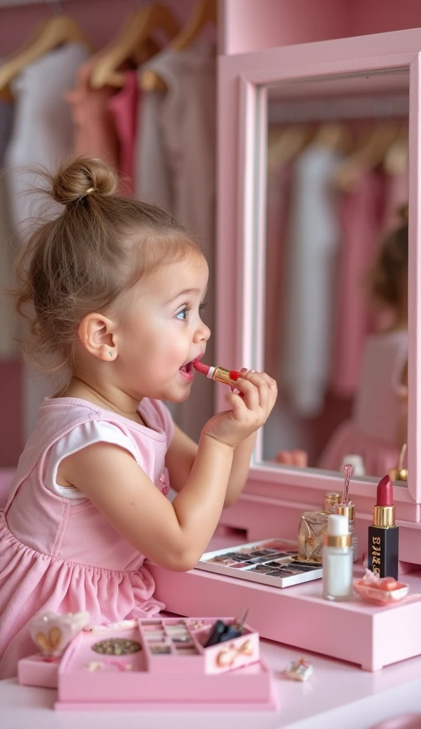 a young girl sits near her mother in front of a mirror, they are putting make up together, the girl mimics her mother's moves and action, both mother and girl are in the same position, the mother an adult woman holding make up brush, the girl also holding a make up brush in front of the mirror (they are in the same position in front of the mirror: 1.5)), (highest quality:1.2, Very detailed, up to date, Vibrant, Ultra-high resolution, High Contrast, masterpiece:1.2, highest quality, Best aesthetics), best details, best quality, highres, ultra wide angle, 16k, [ultra detailed], masterpiece, best quality, (extremely detailed), 