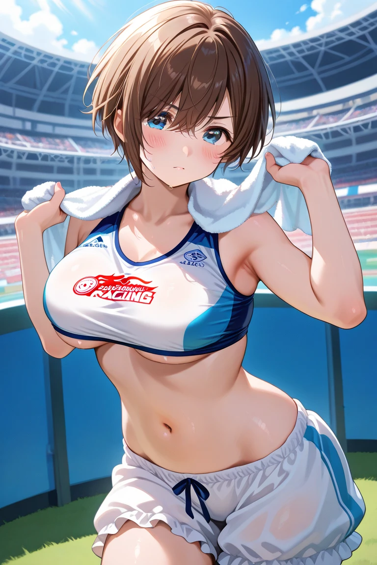 (masterpiece:1.2), (best quality:1.2), (very aesthetic:1.2), (absurdres:1.2), (detailed background),newest,anime, (((solo))), Masterpiece,(share),Open your legs towards the viewer,One cute girl, Highest quality,High resolution,High resolution,Highly detailed CG,8K Unit Wallpaper,25 years old,Beautiful attention to detail,small Breasts,Bobcut,Biomechanical OPPAI,Grid girl posing on the circuit,No sleeve,,(Shiny body:1.3),Open your mouth, blush, Sweat,Embarrassed,sexy,(visible nipples:0.7),(camel toe:0.3),Dark Hair, competition swimsuit,,((sit)),