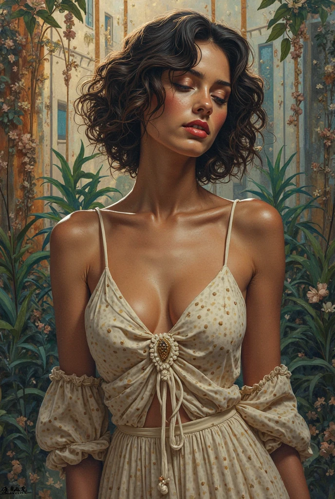 An illustrated movie poster, hand-drawn, full color, a teenage elven girl, wearing a lace bralette and bloomer shorts, tall, toned, athletic hourglass figure, long pointy elf ears, light hazel eyes, dark hair, short curly bob, deep sun-tanned skintone, freckles, standing in a rainy hibiscus garden, wet clothes, graphite shading, stencil marks, airbrushed acrylic paint, masterpiece, in the style of the Lord of the Rings