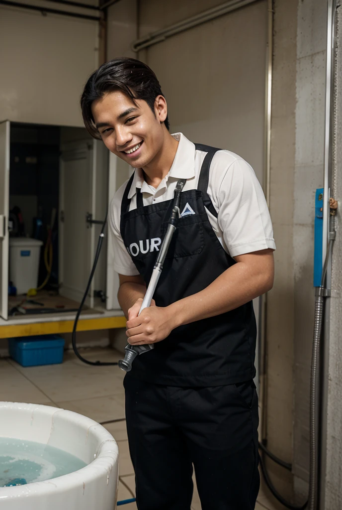 ((best quality)), ((masterpiece)), (detailed), 1man facing the camera ,worker outfit , using water karcher , smirk