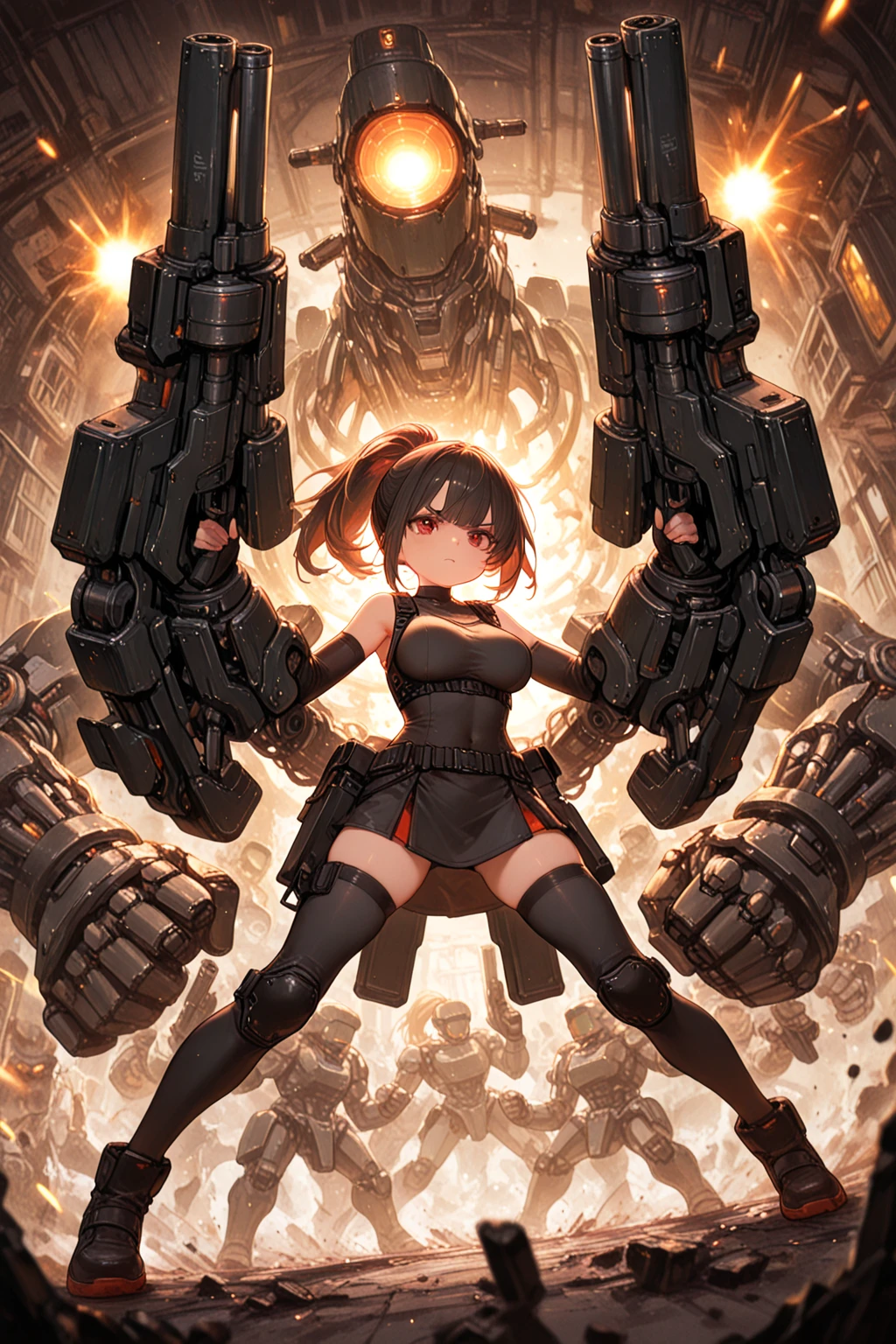 <lora:grabbygrills:1>, grabbygrills, cute anime girl with oversized gauntlets, mechanical limbs, pigtails, black hair, ribbons, frilly skirt, bowtie, cute, smashing skeleton enemies