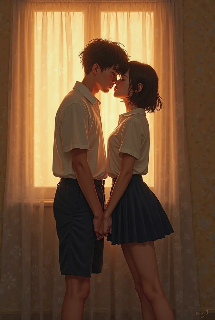 40 year old man kissing school girl, edge of bed, schoolg girl skirt,Twintails,