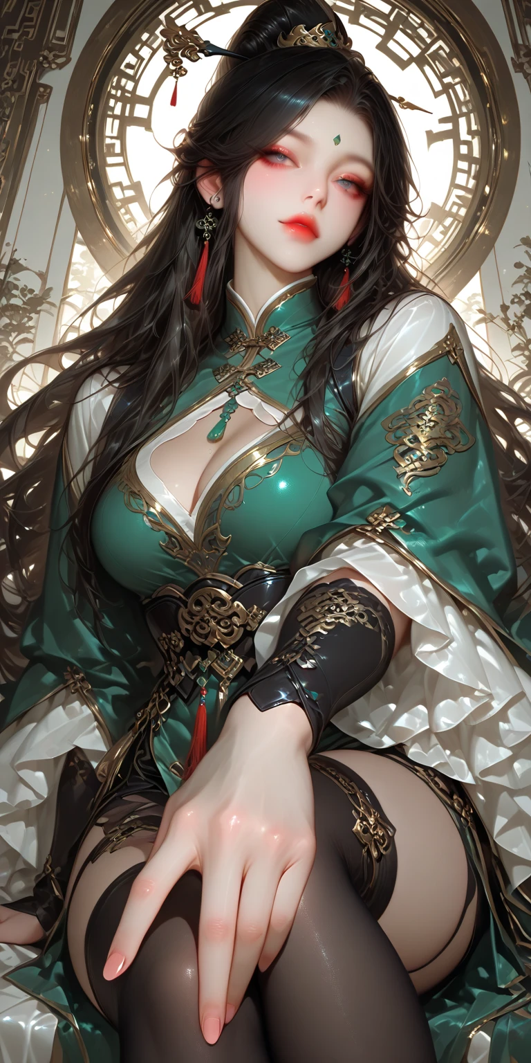 ((Highest quality)),(Ultra-high resolution),(Super detailed),(Detailed Description),((The best CG)),(masterpiece),Highly detailed art,(Chinese fantasy art with intricate details:1.5), ( Lady:1.7),(Mysterious Sparkle:1.3),(Beautiful and well-proportioned face:1.5),(Deep green eyes:1.4),(High-knitted black hair:1.6),(Intricate and intricate costume ornaments:1.5),(Colorful Hu clothing with gorgeous embroidery:1.8),