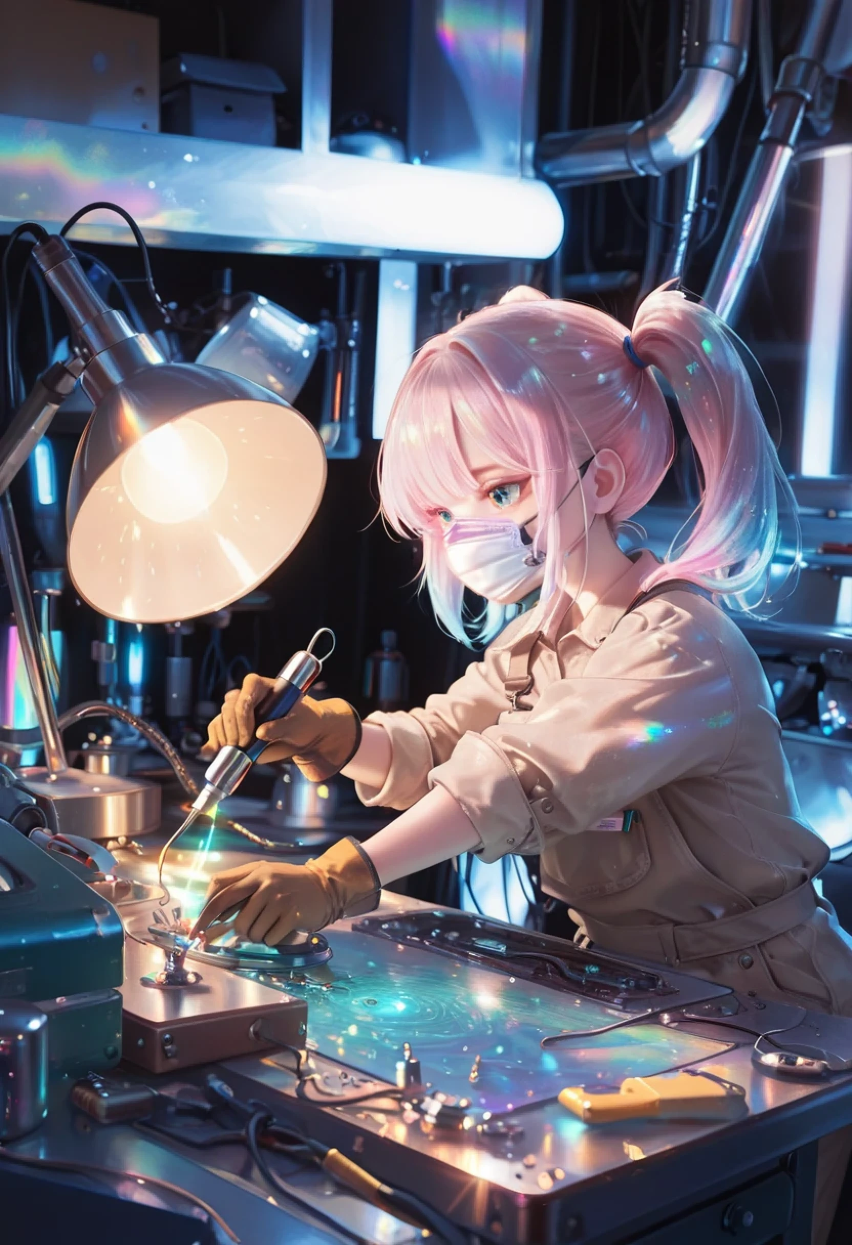 masterpiece, best quality, ultra-detailed, very aesthetic, absurdres, solo, 1 child girl, mechanic engineer, pink twintails, goggles, white mouth mask, light-brown coveralls, work gloves, repairing, maintenance, facing down, looking away, holding soldering iron, spark, desk, desk lamp, tools, broken machine, circuit board, darkness, mechanic room, enveloped in a radiant iridescent glow, richly colored illumination, illuminated reflections, vibrant color scheme, luminous lights, lively reflections, ethereal radiance, HDR effect, expansive and iridescent visual appeal, glitter glow.