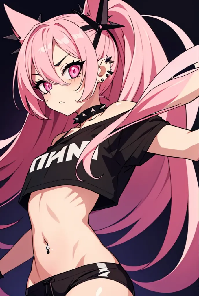 Extremely sexy girl with ahegao face with long pink hair and cat ears, wearing a black top with a sweetheart cutout in the middle. She wears a black pleated skirt with white stripes, black stockings and a black collar around the neck