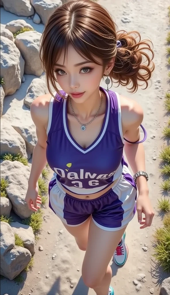 Hot girl, purple hair, blue eyes, sexy, wearing volleyball player clothes