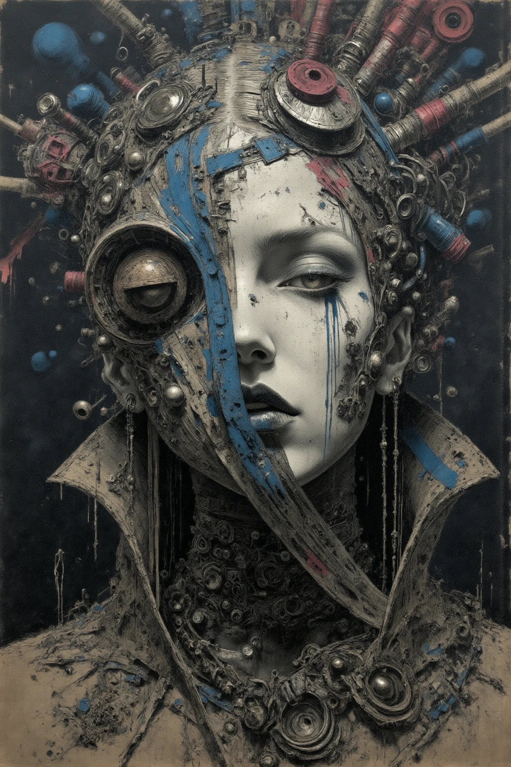 rusty smooth metal panel with screwed and welded parts (Dave Mckean inspired art, intricate details, oil painting)
