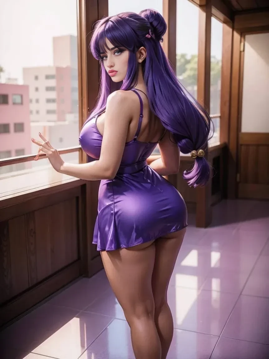 girl with purple hair and a purple dress holding a cell phone, (sfw) safe for work, seductive girl, oppai, ecchi, marin kitagawa fanart, ecchi style, giantess art, , sakimichan, thicc, sakimichan frank franzzeta