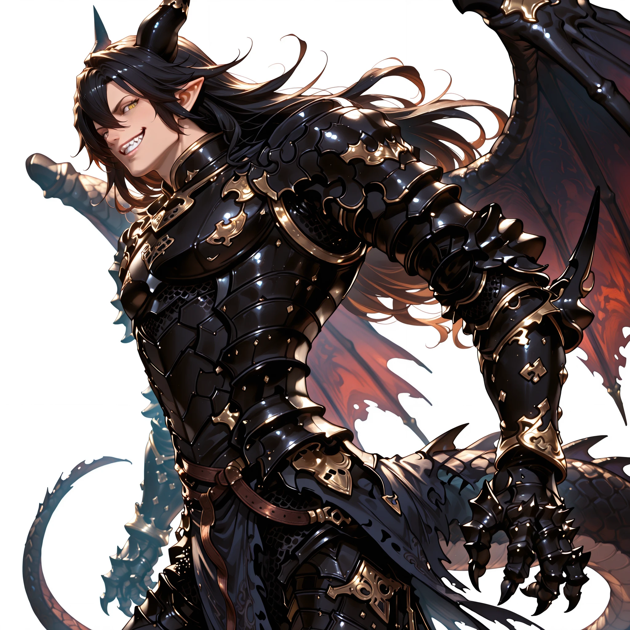 score_9, score_8_up, score_7_up, absurdres, (((128K Ultra High Resolution))), (masterpiece, best quality: 1. 5), (high definition: 1, 4), (highres), 8K wallpaper, (excellent graphics: 1. 5), CG, (((Japanese Anime style))), (Granblue Fantasy), (1 male), solo, ((lean body, masculine))), weredragon, glossy black, shiny black leather, (((beautiful golden eyes, finely detailed eyes, bright eyes, slit pupils)), (hair between eyes, black hair, long straight hair, silken hair, sideburns, wild hair), (sly grin, sinister grin, smirk: 1. 3), ((teeth)), confident, (((ultra detailed face))), shiny skin, long pointy ears, twisted torso, long-legged, sculpted face, wasp waist, ((dragon horn, dragon tail, dragon wings, dragon sharp claws)), (black armor with a lot of grandiose decorations: 1. 5), half dragon half human, (dramatic angle, dynamic pose: 1. 5), (ultra detailed black armor, well-polished black armor: 1. 5), (gold-adorned armor: 1. 5), all black outfit, (((cowboy shot))), sharp focus, good-looking man, (best illustration, highly detailed artwork: 1. 5), (cinematic, dramatic lighting: 1. 5), (intricate detail, extreme detailed, super detailed: 1. 5), chiseled features, (stark contrast, heavy shadows: 1. 3), (((detailed black decorations))), (beautiful & aesthetic), photoreal, ((from side)), (mysteriously crafted black metal armor: 1. 5), thick & luxuriant hair, (ultra detailed fantasy black armor, wonderful black armor: 1. 5), (((realistic metal texture))), broad shoulder, true-to-life visuals, artistically refined, (extremely delicate & beautiful armor, elaborate armor details: 1. 5), (giant black armor, dark armor, stylized armor: 1, 5), (extremely detailed armor with intricate engravings, intricate armor with gold ornaments: 1. 5), ((very gorgeous and dazzling)), (dark fantasy black knight: 1. 5), slim waistlines, wide chested, sinewy body, (Hyper Detailed & Perfectly Designed Black Armor: 1. 5), ((simple white background))