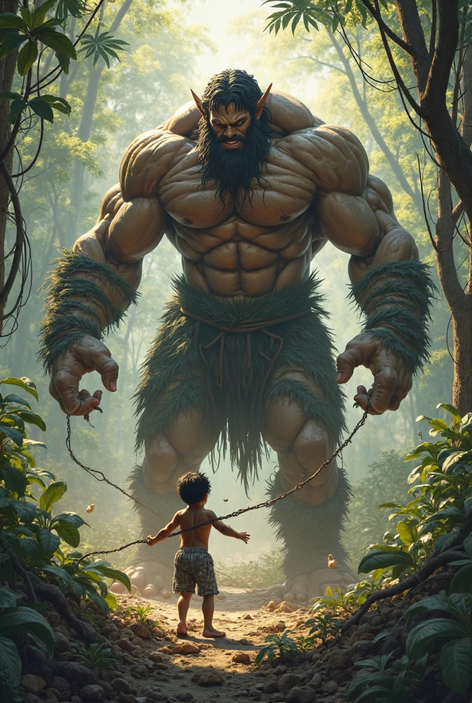 A barbaric father, immensely tall and muscular, with strong arms he sees his two small children fighting and with an agile and determined movement, stands between them. He lifts them with ease, one on each arm, holding them firmly, but without hurting them.