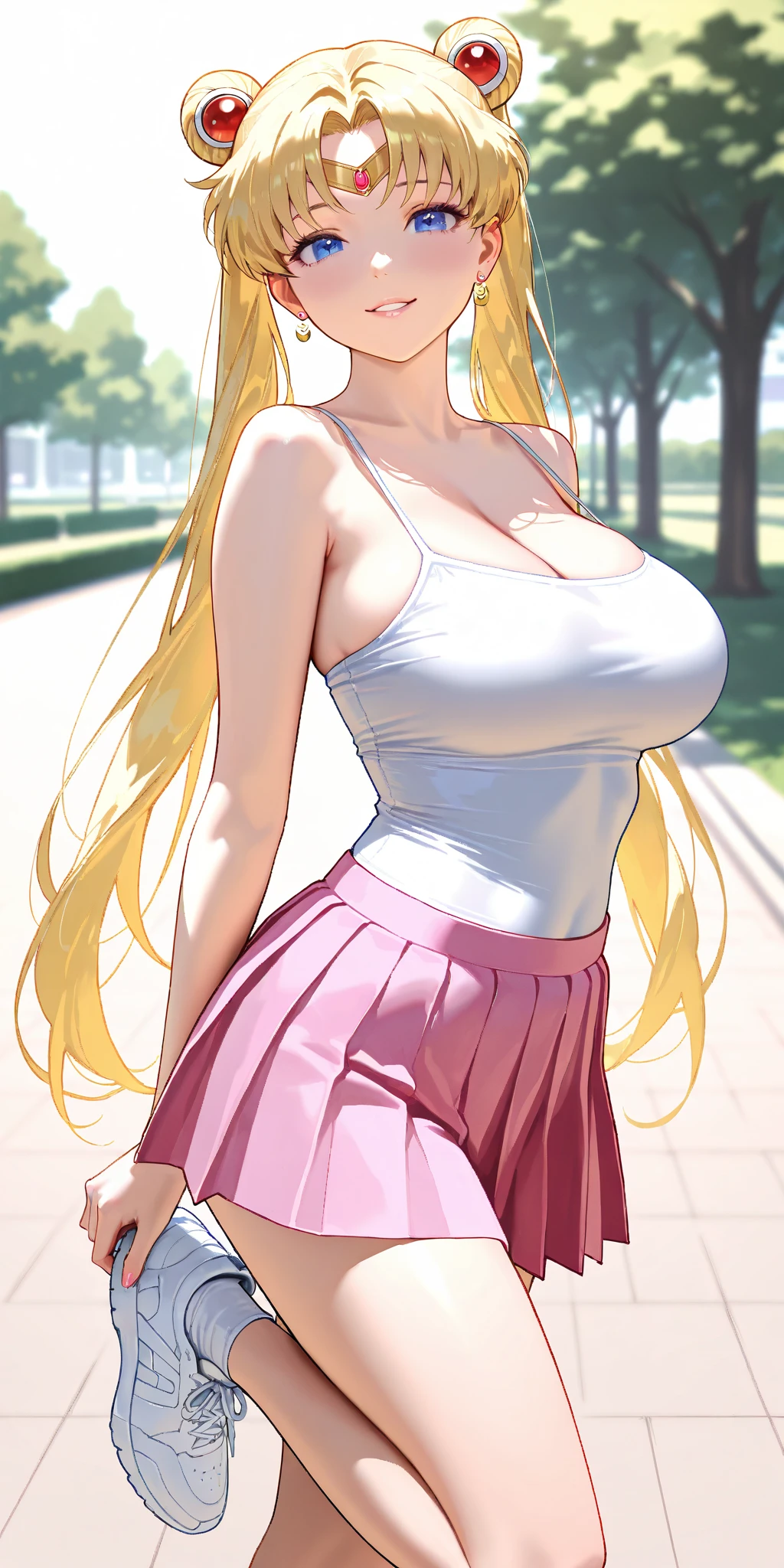 Masterpiece, best quality, height, Kitagawa Marine, 1 girl, blonde hair, long hair, colorful hair, conjunctivitis, decorations, earring, drill, , Tank top with deep cleavage showing cleavage, flashy short skirt, smile, รอยsmile, stand, Cowboy Shot, outdoor,obscene gesture